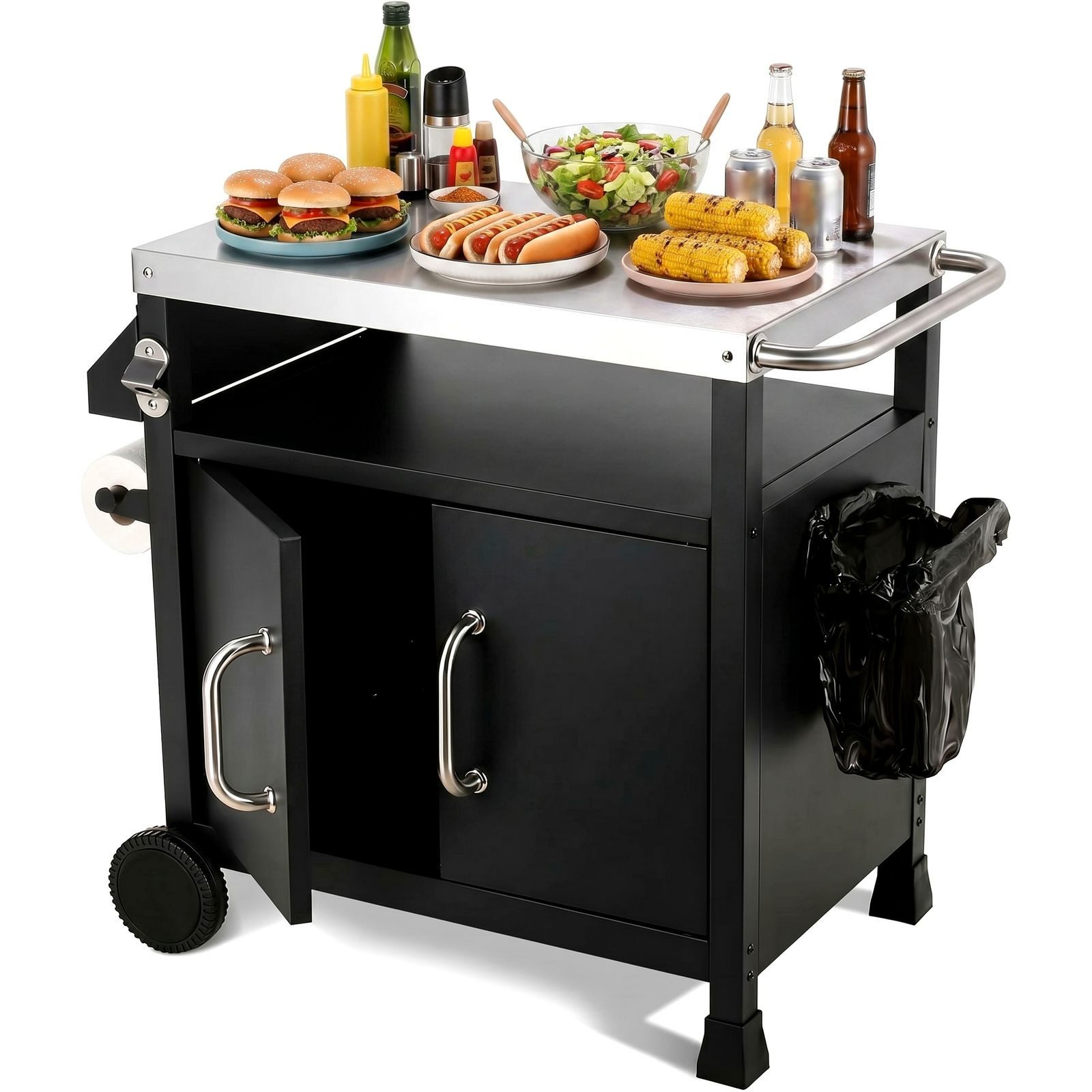 TLGREEN Grillablagetisch, Edelstahl Servierwagen 3-Etagen (92.5 x 58 x 82 cm Küchenwagen Edelstahl), Küchentrolley mit Schrank Rollen Haken,BBQ Beistellwagen Küchenwagen