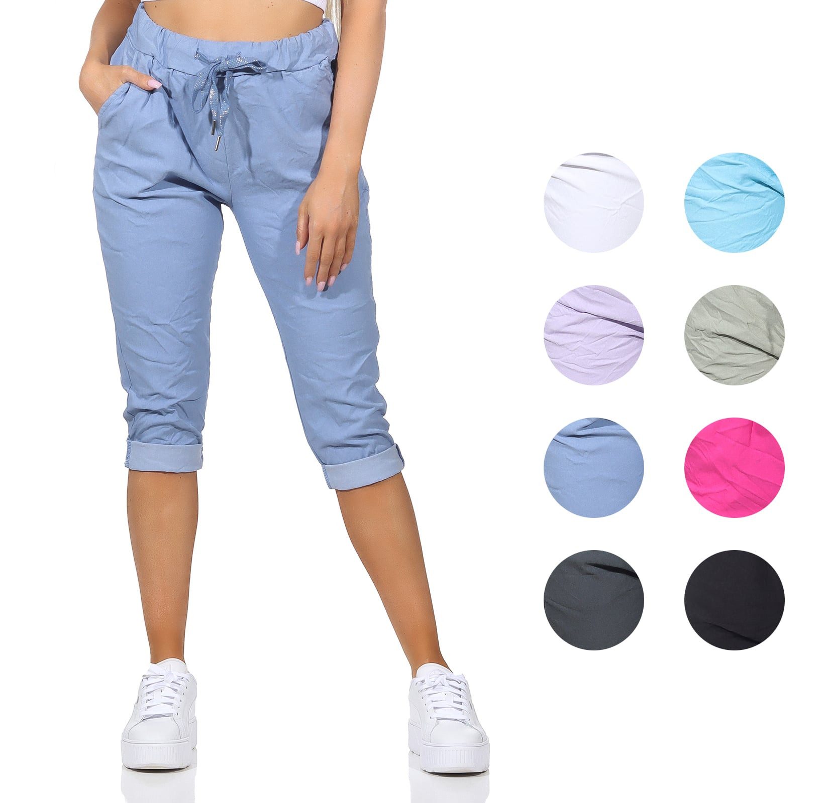 OriginalYou 7/8-Hose Damen Sommerhose Caprihose Kurze Hose moderne Knitteroptik, mit Gummibung & Kordelzug