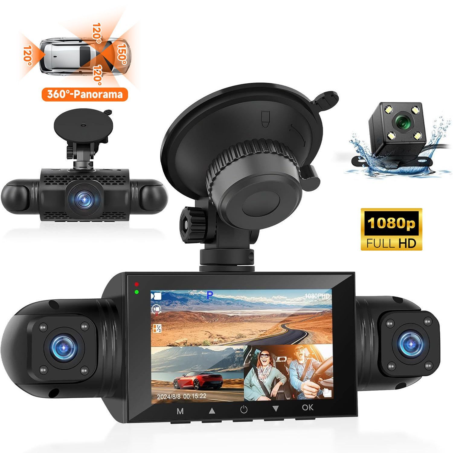 Hikity Dashcam Auto, 4Kanäle 3 Zoll 4K 1080P G-Sensor 360° Dashcam Dashcam (vier Kameras, Schwerkraftabtastung, Parküberwachung)