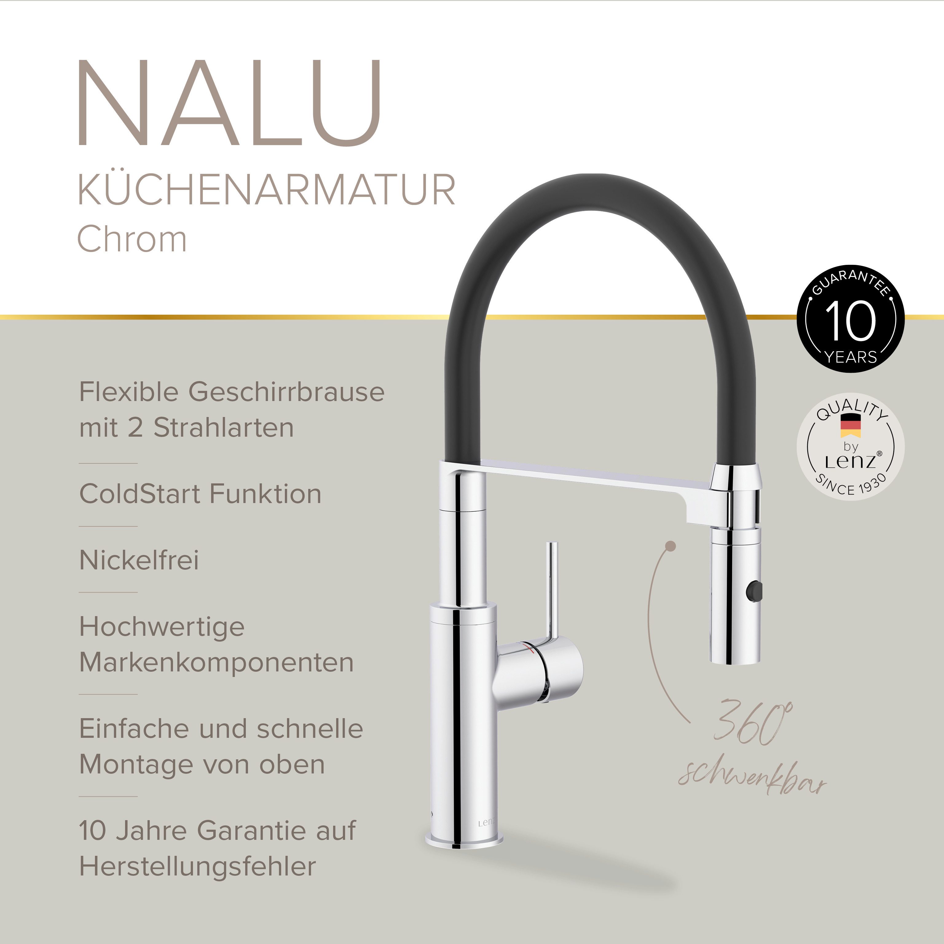 Lenz Küchenarmatur NALU Flexible Pendelbrause mit 2 Strahlarten