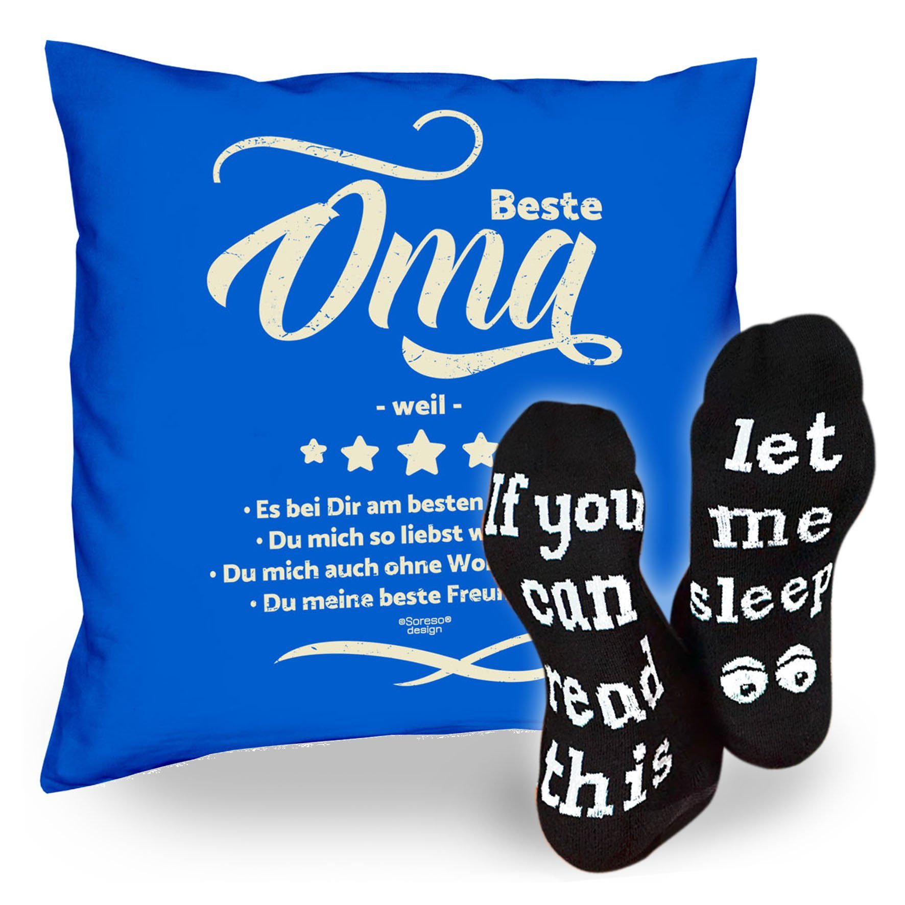 Soreso® Dekokissen Kissen Beste Oma weil & Sprüche Socken Sleep, Geschenkidee Weihnachtsgeschenk royal-blau