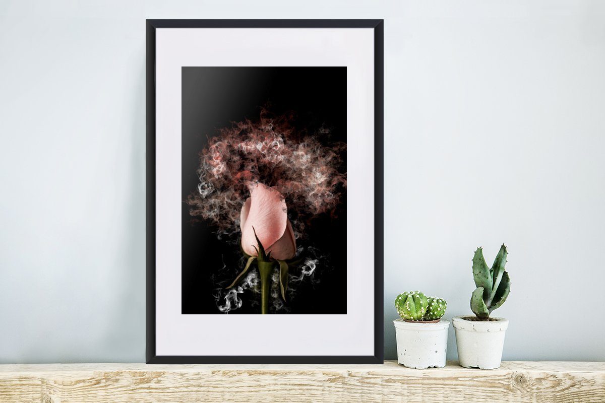 (1 MuchoWow Rauch Kunstdruck, Gerahmtes Rosa, Poster - Blumen Bilderrahmen - St), Schwarzem Rahmen, Poster, mit