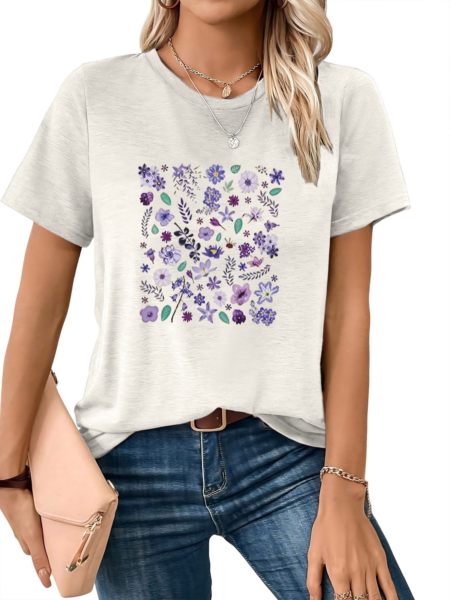 Rundhalsshirt Damen Frühling Casual bequemes t shirt mit Lavendel Print-Shirt