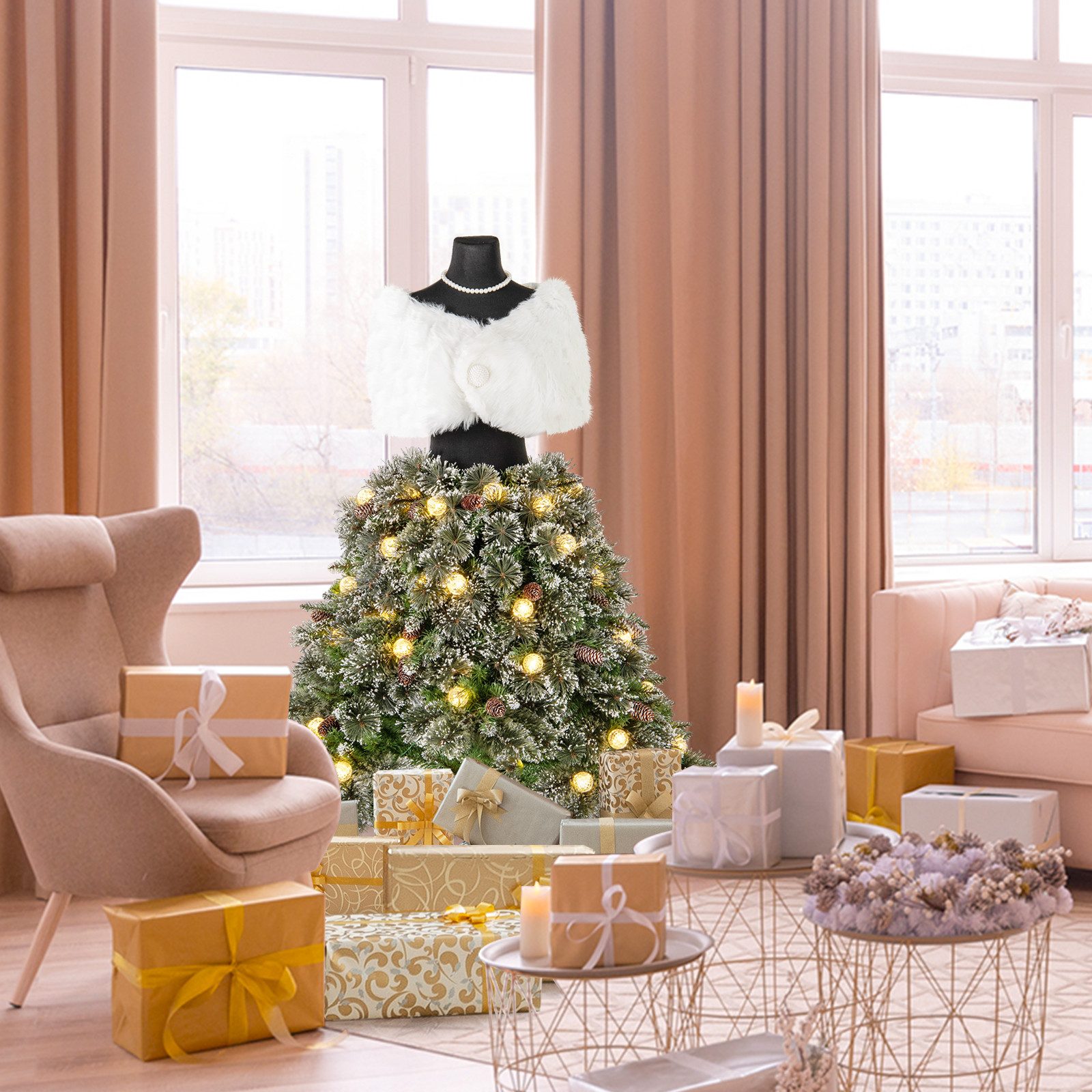 COSTWAY Künstlicher Weihnachtsbaum, 150cm, 50 LEDs, in Schneiderpuppen-Optik