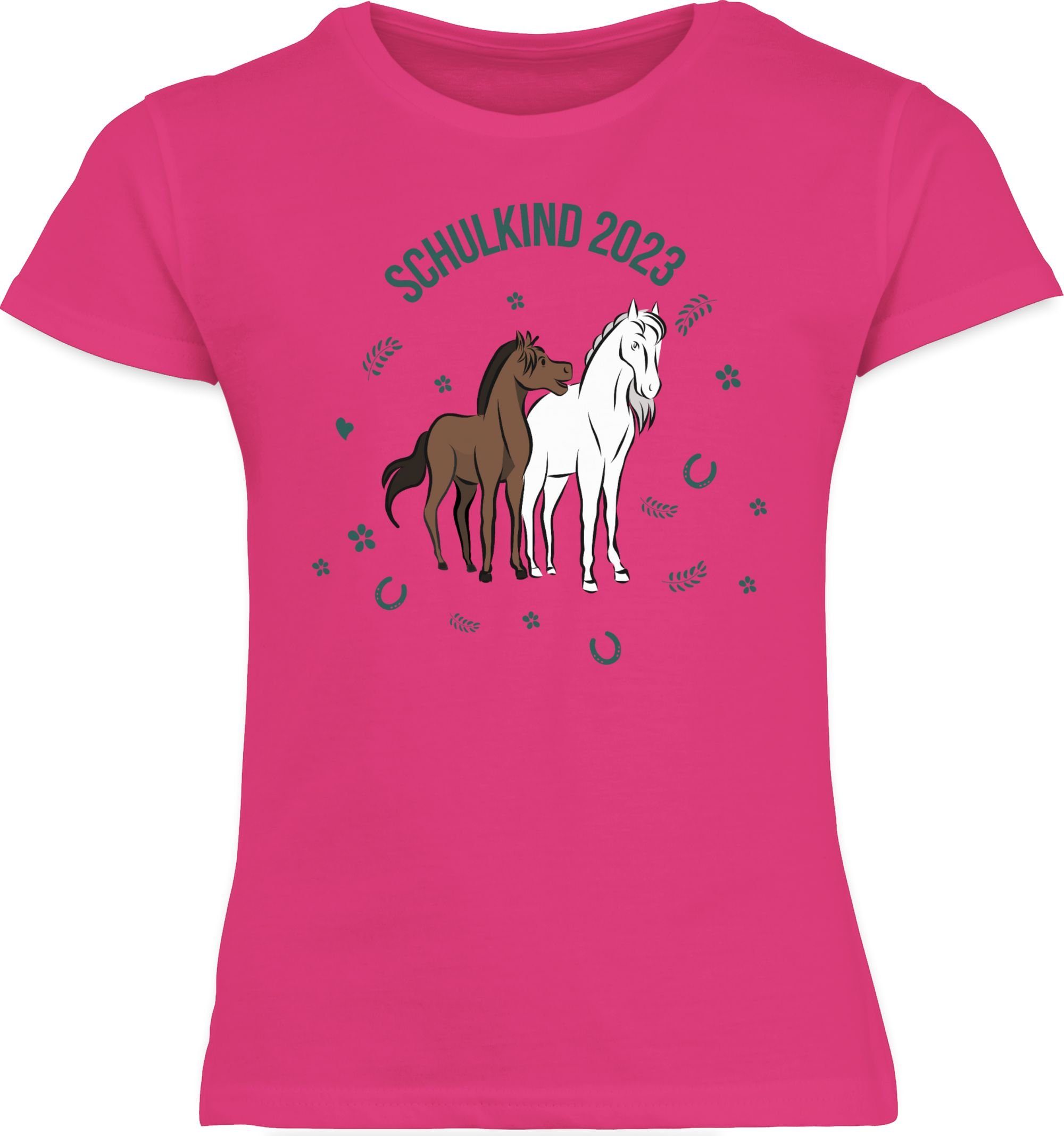 Mädchen 2023 Einschulung Fuchsia Schulkind 1 T-Shirt Pferde Shirtracer