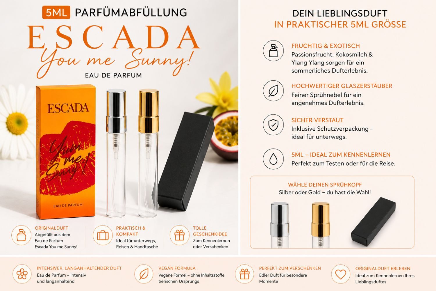 DS-Exklusiv Eau de Parfum Duftabfüllung aus Escada You Me Sunny! Eau de Parfum – 5 ml, Frauenduft, nachfüllbar, Duftabfüllung