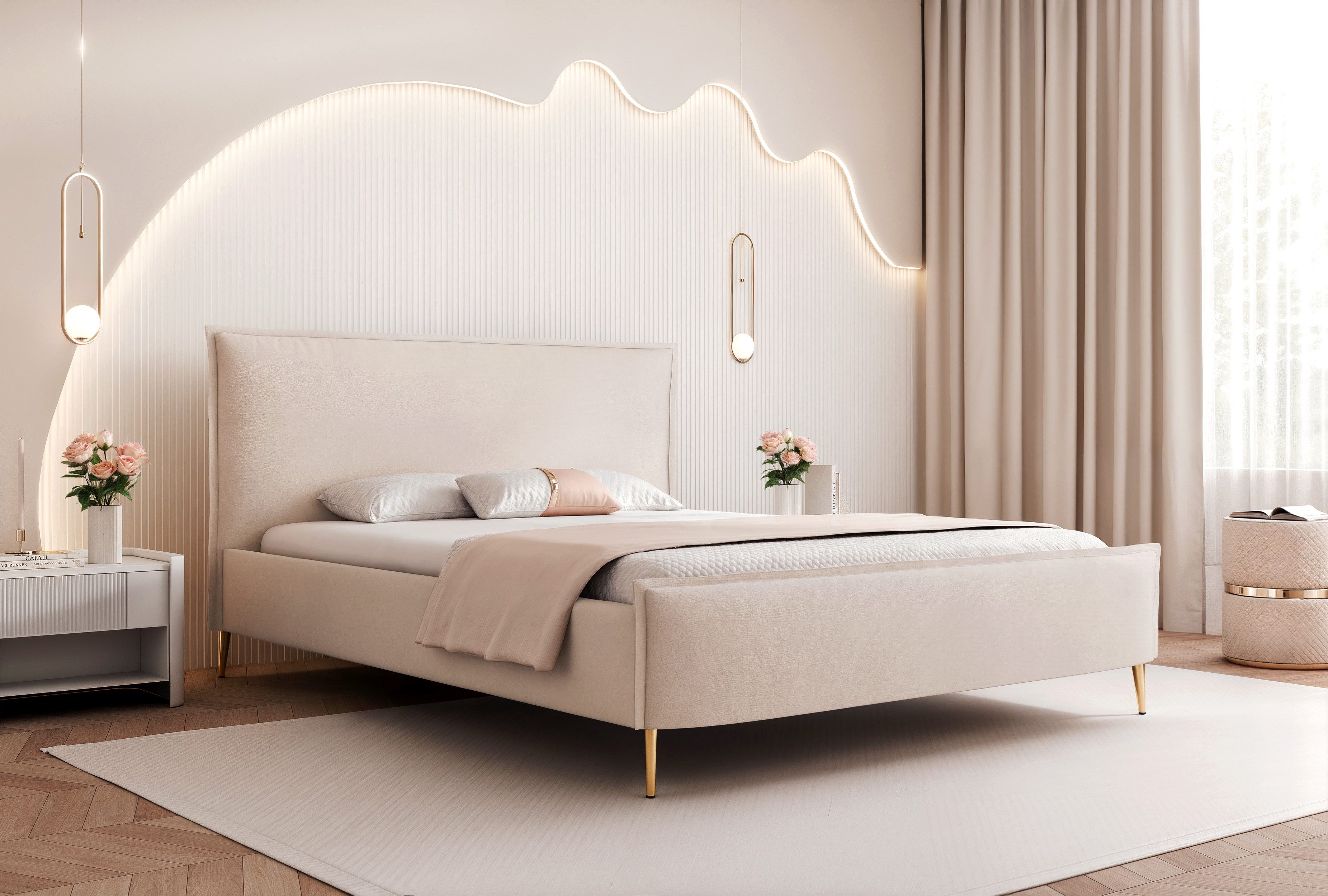 Goldstoff Polsterbett Modernes Bett "ETERNIA" mit hohen Beinen & praktischem Stauraum (Bettgestell mit Bettkasten, 120–200x200 cm, Kopfteilhöhe: 70/110 cm, Seitenhöhe: 25/40 cm), Elegantes Schlafzimmerbett mit hohem Stauraum & Design