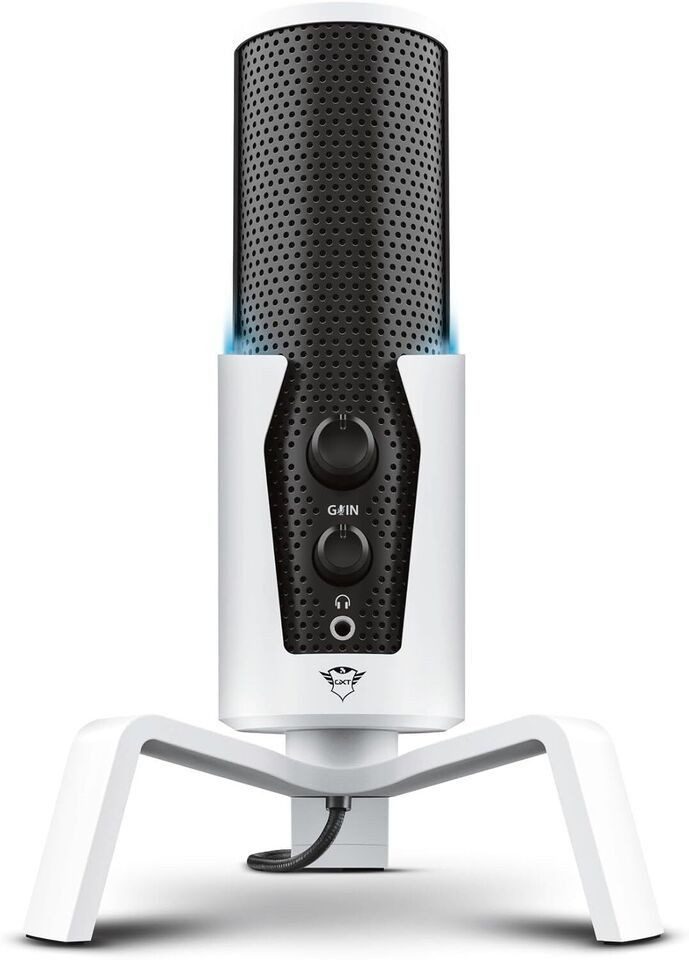 Trust Streaming-Mikrofon Gaming GXT 258W Fyru 4-in-1 USB LED-Beleuchtung Mikrofon Weiß (1-tlg), Omnidirektional, Dämpferfunktion, Universeller 5/8 Zoll-Schraubadapter