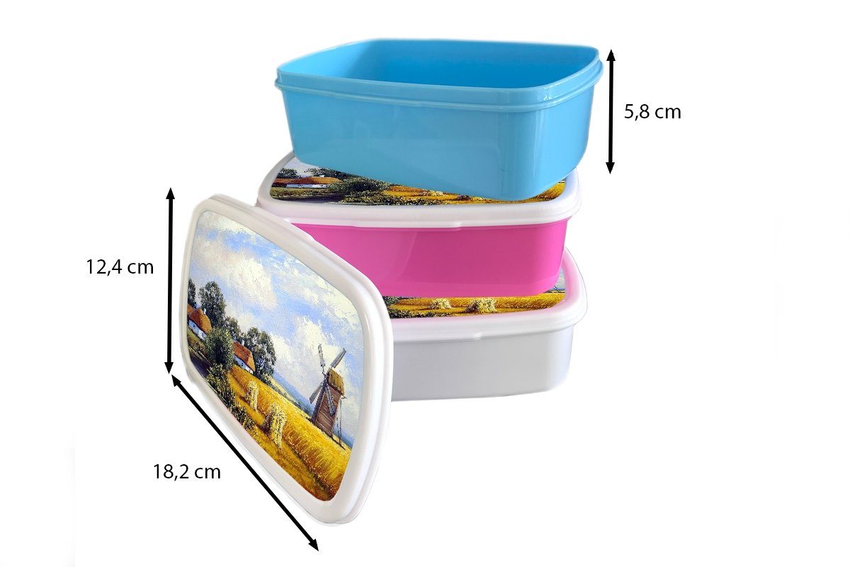 Lunchbox - - Brotbox - Snackbox, für (2-tlg), Bauernhof Kunststoff, MuchoWow Mühle Gemälde Mädchen, Ölfarbe, Brotdose Kunststoff Kinder, rosa Erwachsene,