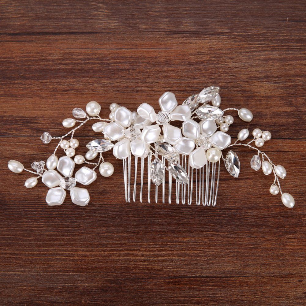 Braut-Perlen-weiße Blumen-Kupferdraht-Einsatzkamm-Kopfbedeckung WaKuKa Diadem (1-tlg)
