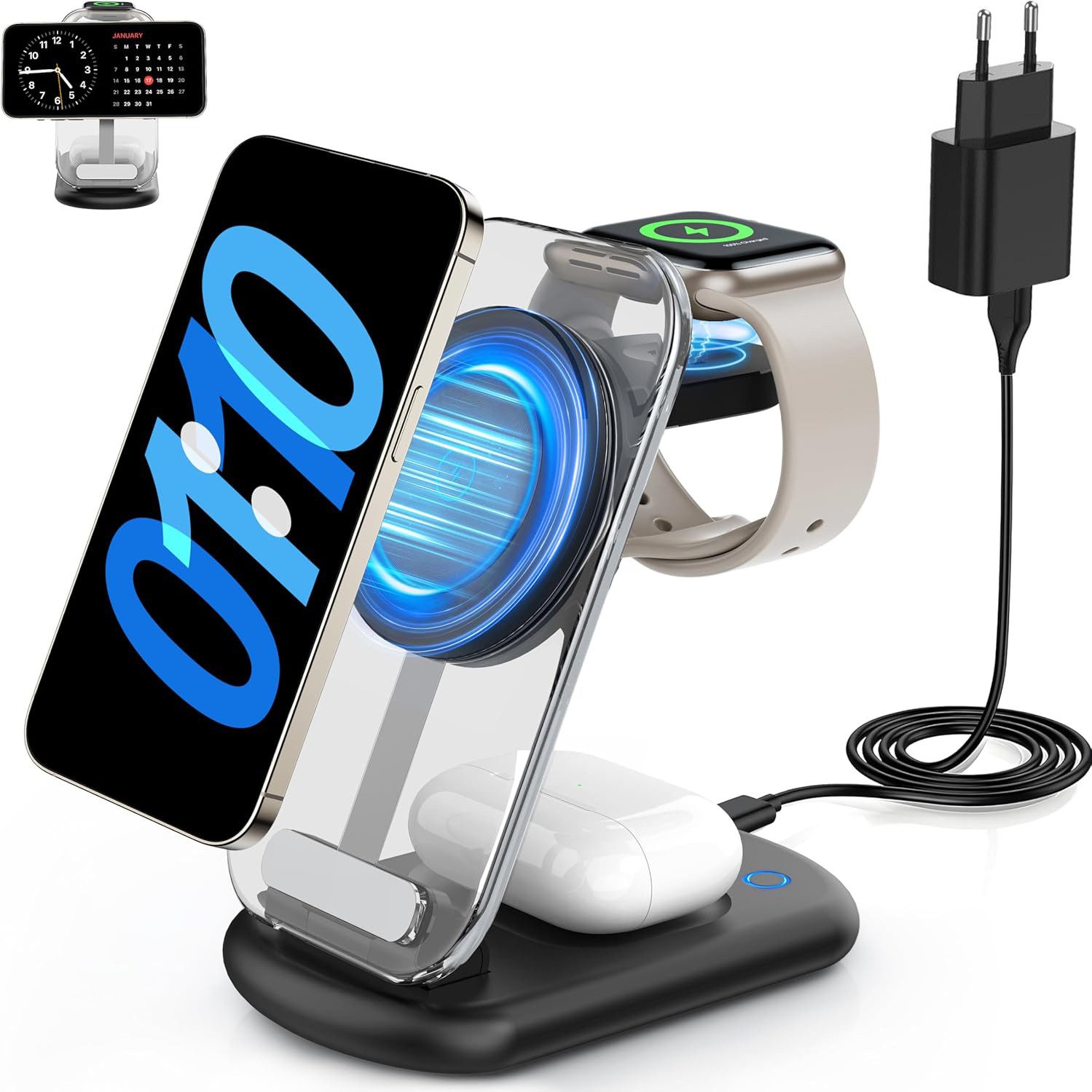 poweradd pro Ladestation 3 in 1 Induktive Ladegerät, Wireless Charger Ladestation Induktions-Ladegerät (Magnetisches faltbares kabelloses Ladegerät mit Nachtlicht für iPhone 12 bis 17, Apple Watch & AirPods)