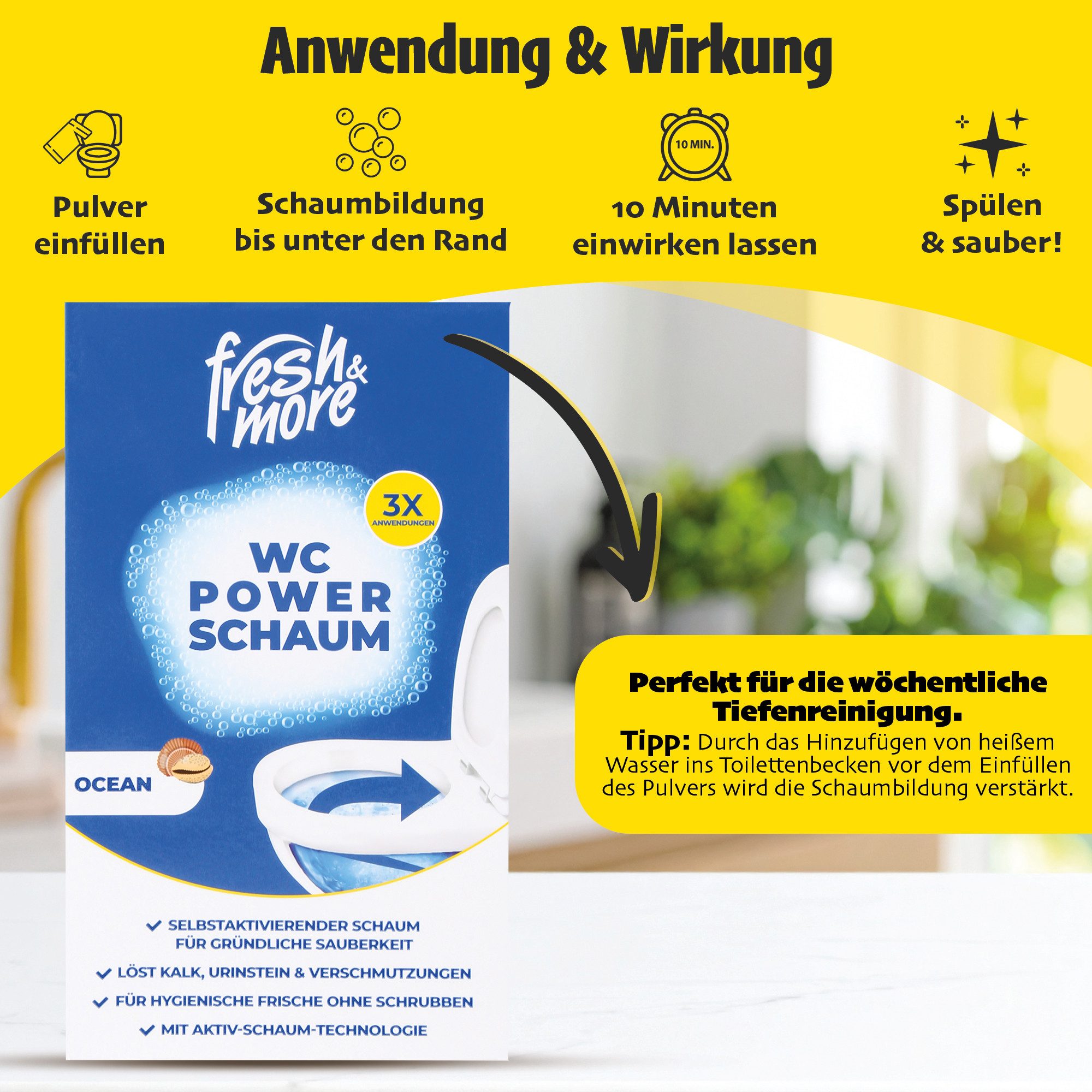 fresh & more Power-Schaum WC-Reiniger (3-St. 9 Beutel à 100 g = 3-teiliges Duft Set selbstschäumend, ohne Bürsten)