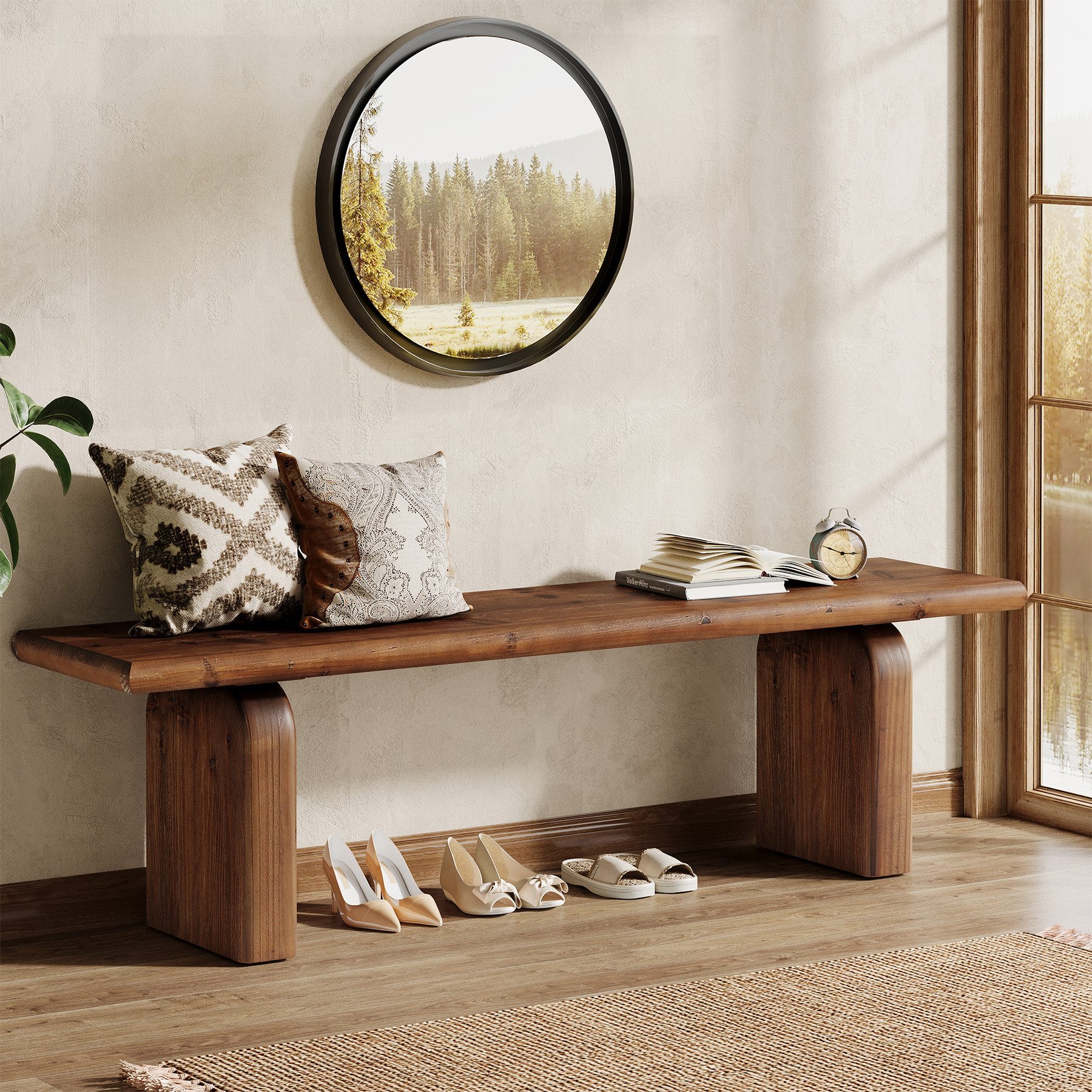 Tribesigns Schuhschrank Flurbank aus Massivholz 160 cm, Landhaus-Sitzbank, Rustikal Braun