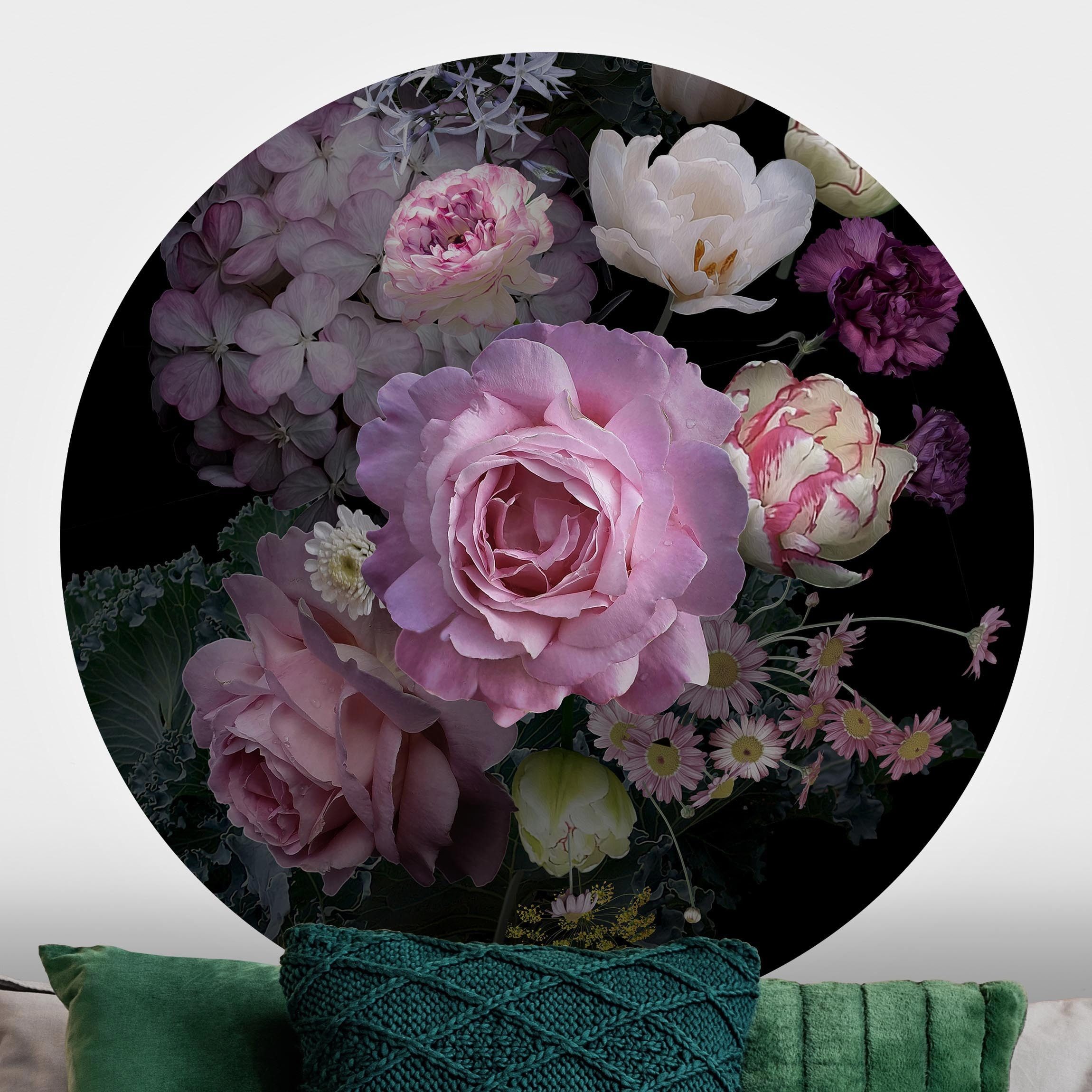 Bilderdepot24 Fototapete rund Rosen Bouquet Blumen Natur Pflanzen Landhausstil, Glatt, Matt, (Vliestapete selbstklebend), Wohnzimmer Schlafzimmer Küche Wandtattoo Motivtapete Klebe Wandtapete
