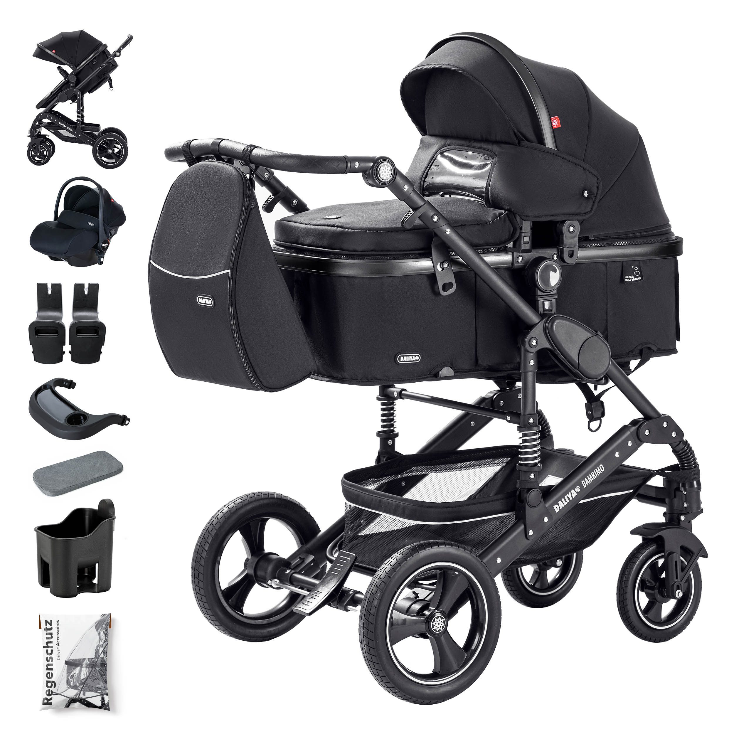 Daliya® Kombi-Kinderwagen BAMBIMO 3in1 Kinderwagen & Buggy mit Auto-Babyschale und Adapter, (XXL-Set inkl. Wickeltasche und Spieltisch, 15-tlg), Babyschale, Airless-Räder, Federung, weiche Matratze, Belüftungssystem