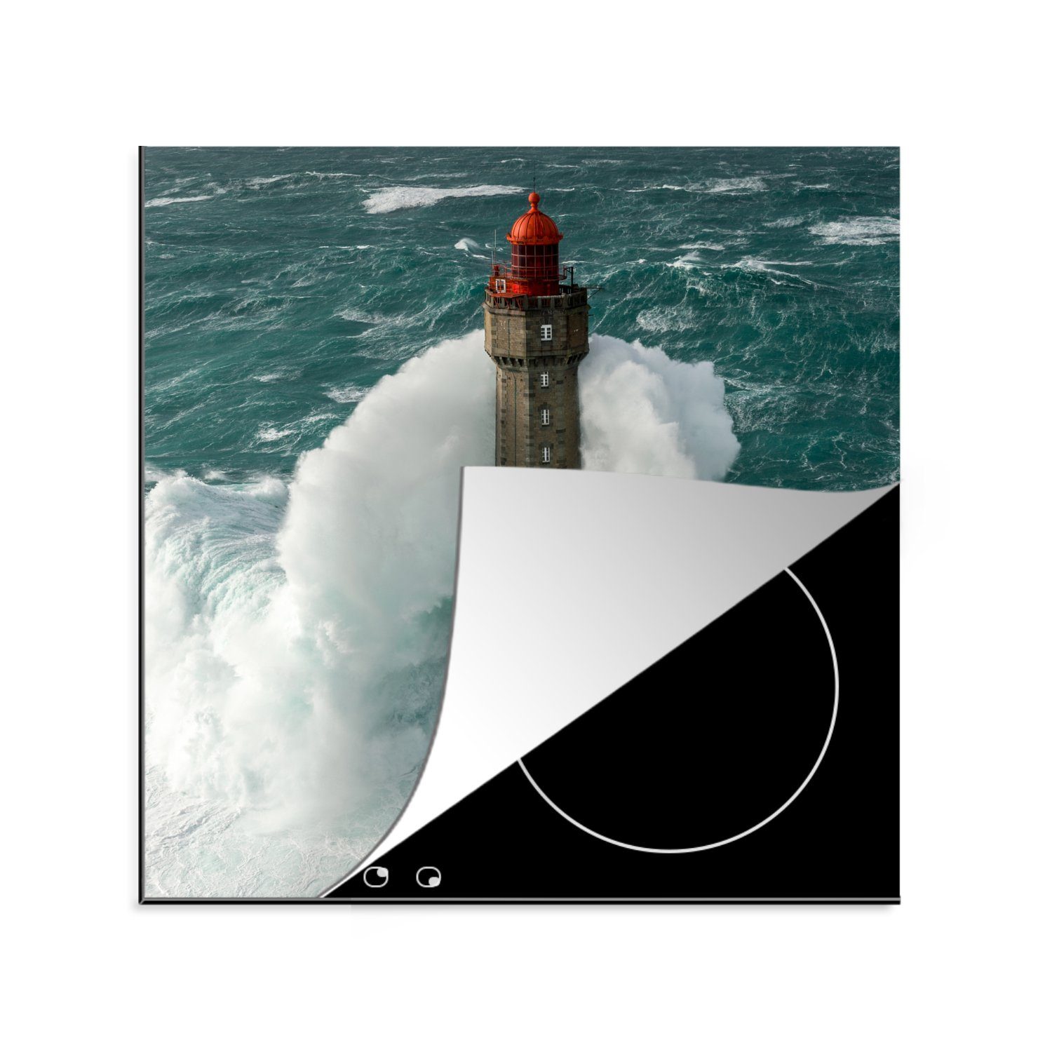 MuchoWow Herdblende-/Abdeckplatte Der Leuchtturm von la Jument in Frankreich vor einem grauen Himmel, Vinyl, (1 tlg), 78x78 cm, Ceranfeldabdeckung, Arbeitsplatte für küche