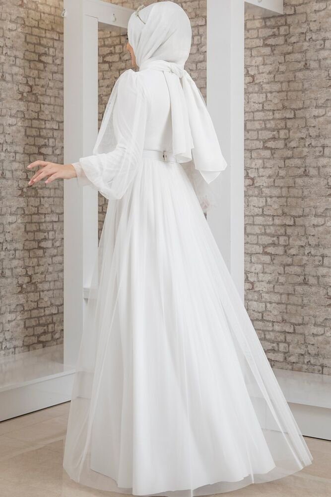Modavitrini Brautkleid Ekru Maxikleid Blickdicht, Hijab-Dress Kleid TASLI) Hochzeitskleid Abendkleid (KEMERI Hijab