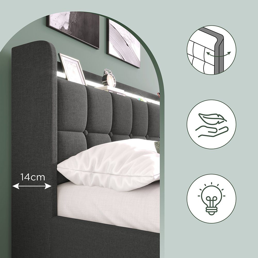 Polsterbett (Stauraumbett mit Lattenrost und Matratze), Einzelbett 90x200cm mit LED-Beleuchtung, Ladefunktion und 2 Schubladen