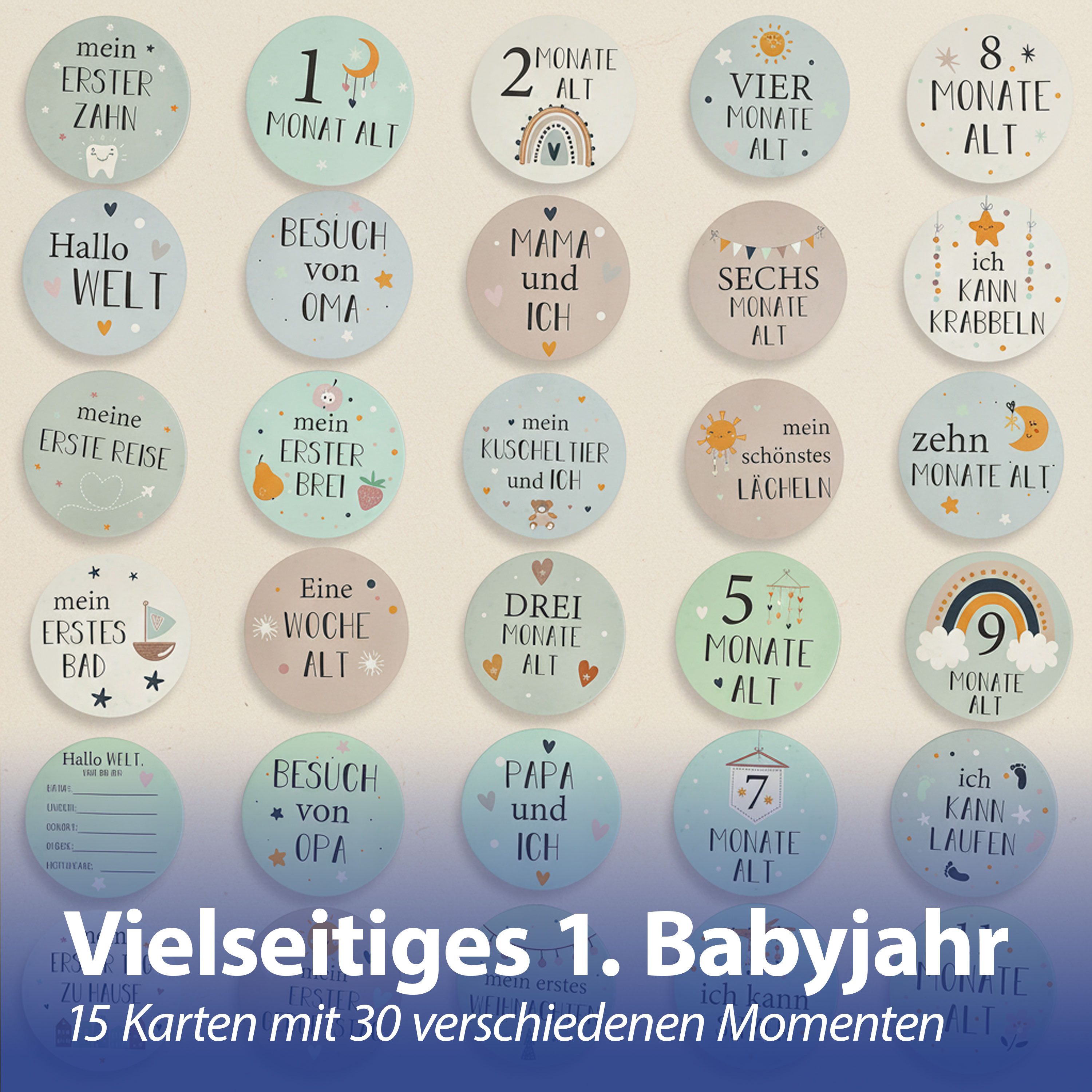 CEPEWA Geburtskarte Meilensteinkarten Baby 15tlg. Ø10cm Papier 1200gsm Pastell 30 Motive