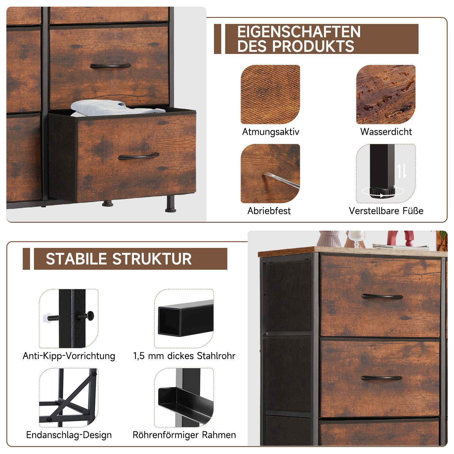 Refined Living Kommode Schubkastenkommode mit 2/4/5 /7/8/9 Schubladen stabilem Stahlrahmen (Sideboards mit Holzplatte und leicht zu ziehendem Griff für Schränke, wasserdicht Geeignet für Wohnzimmer, Kinderzimmer, Flur, Schlafzimmer), Große Kapazität, Aufbewahrung von Kinder- und Erwachsenenkleidung