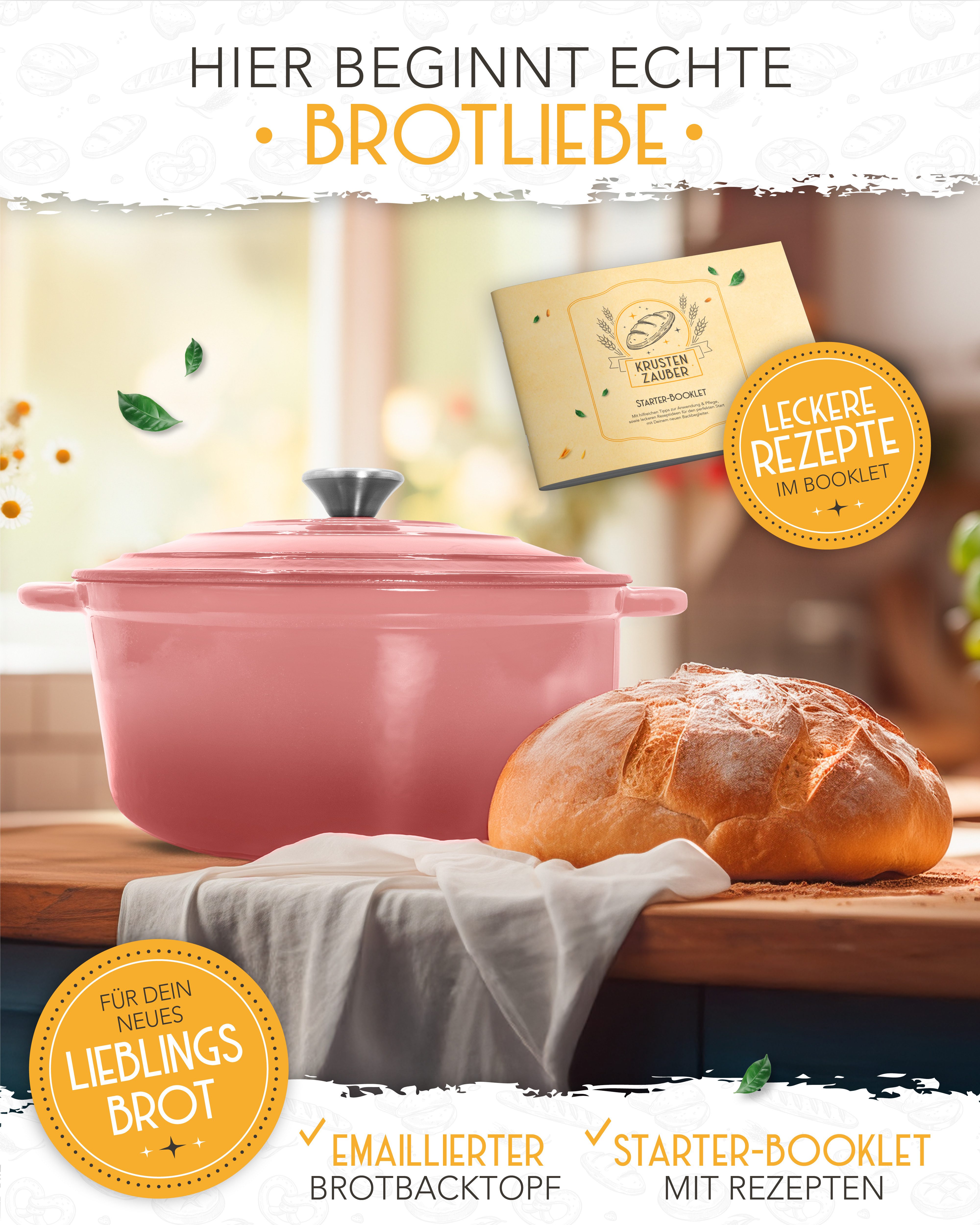 Krustenzauber Kasserolle Gusseisen Topf als Kochtopf, Schmortopf oder Brotbackform