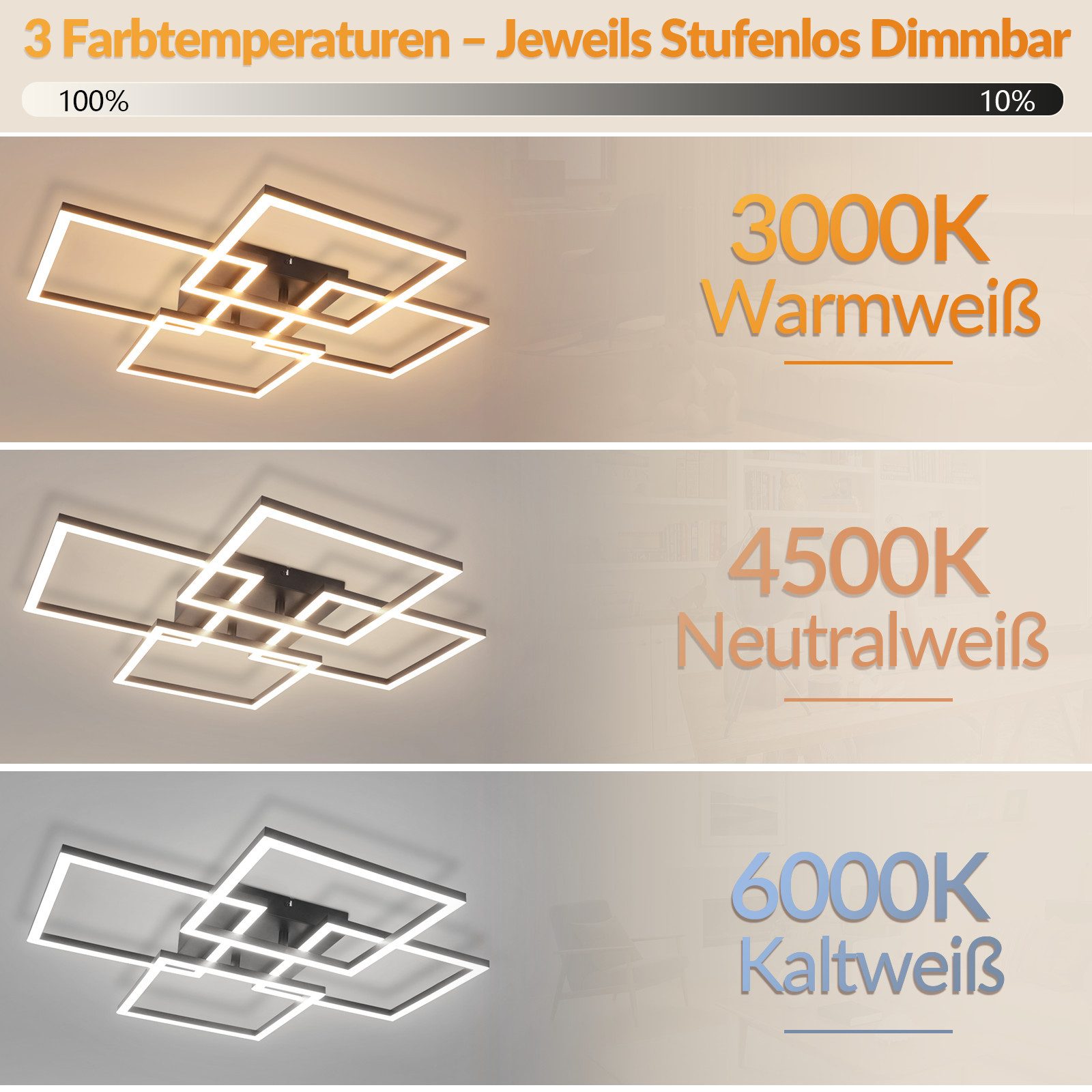 Nettlife LED Deckenleuchte 31/43W dimmbar Wohnzimmerlampe Fernbedienung eckige modern Deckenlampe, LED fest integriert, für Schlafzimmer Küche Büro wechselbar von 3000K-6000K