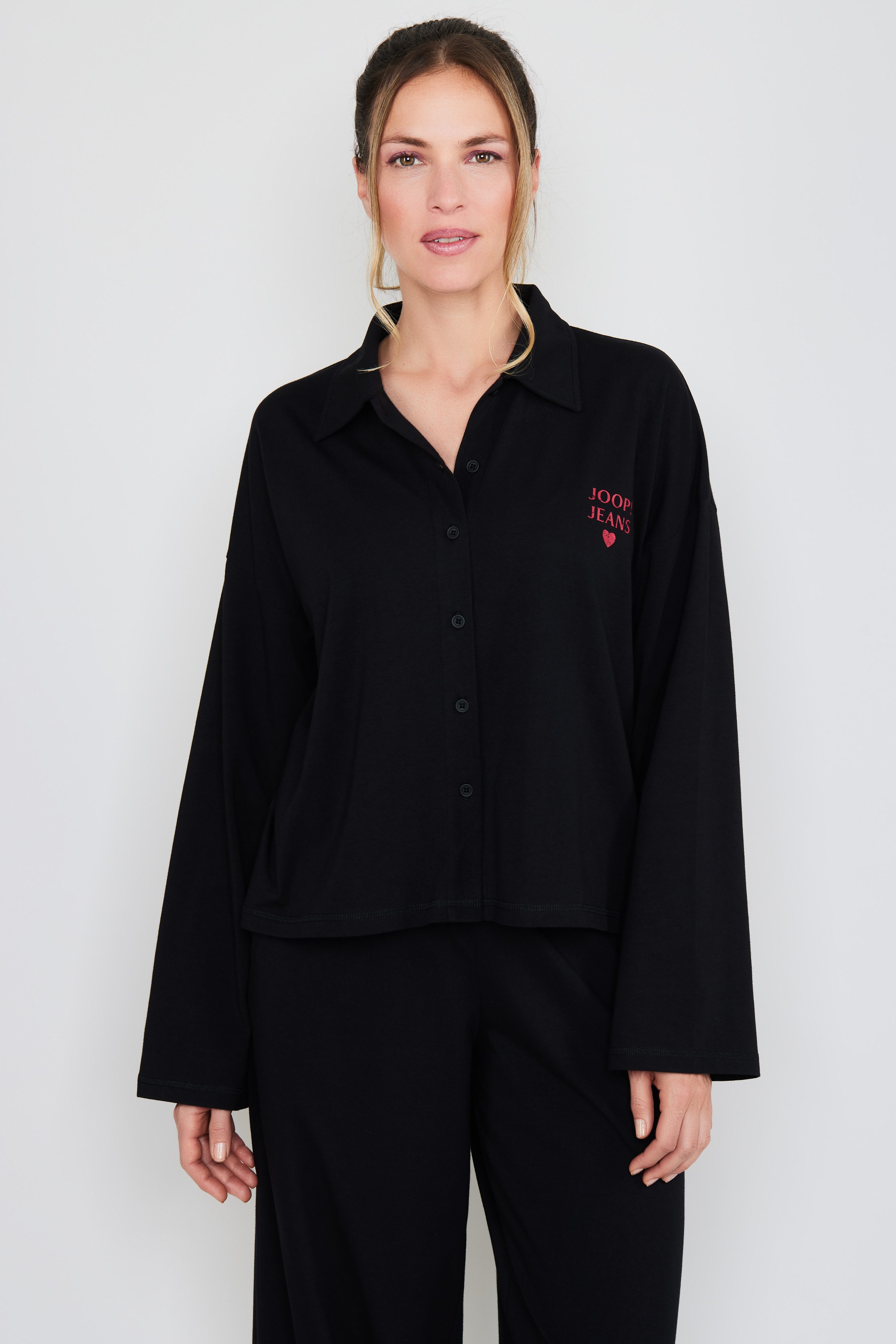 Joop Jeans Pyjamaoberteil After Dark (JOOP! Jeans) Knopfleiste, Langarm, Logo-Print, Regular Fit