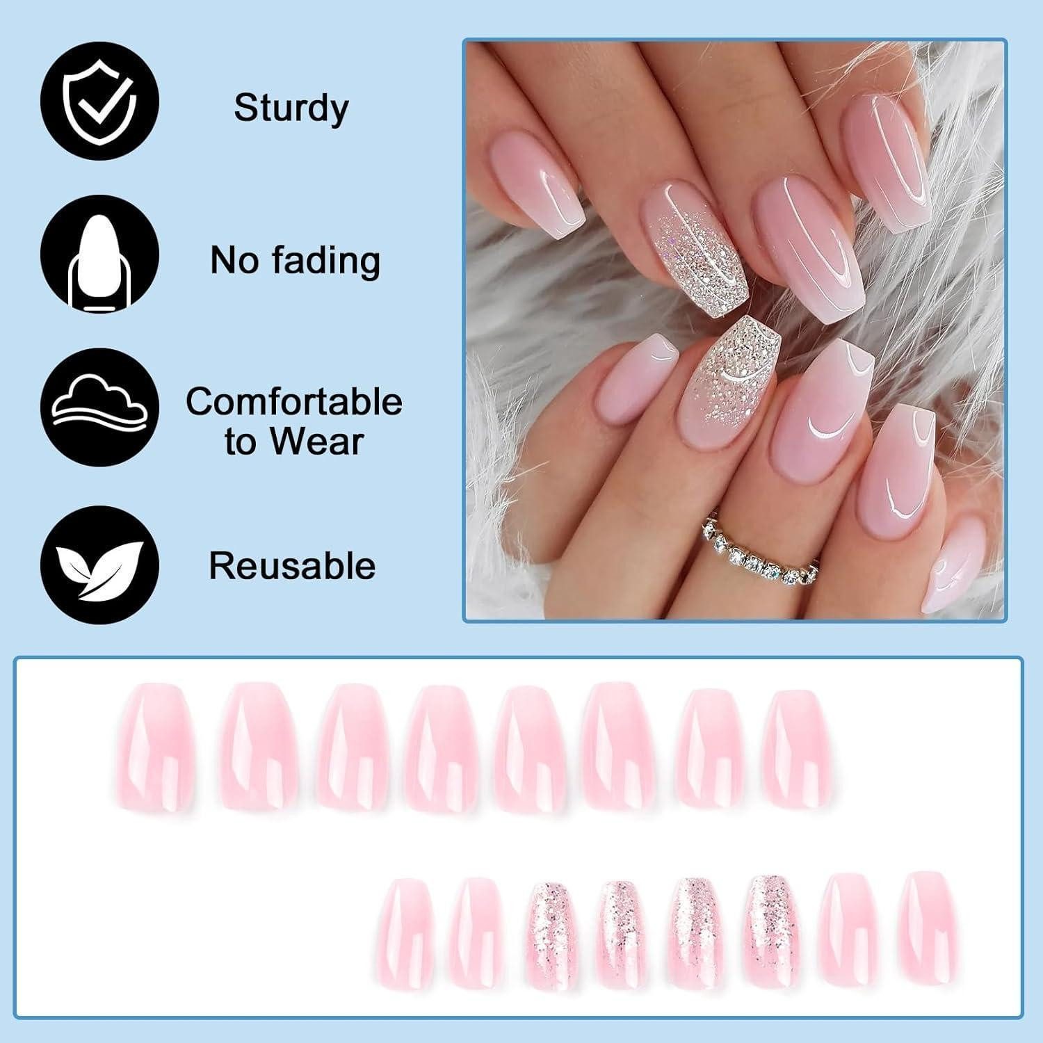 LuxusKollektion Kunstfingernägel 24 Stück Press on Nägel Rosa Glitzer Acryl French Nails mit – Bild 2 von 5