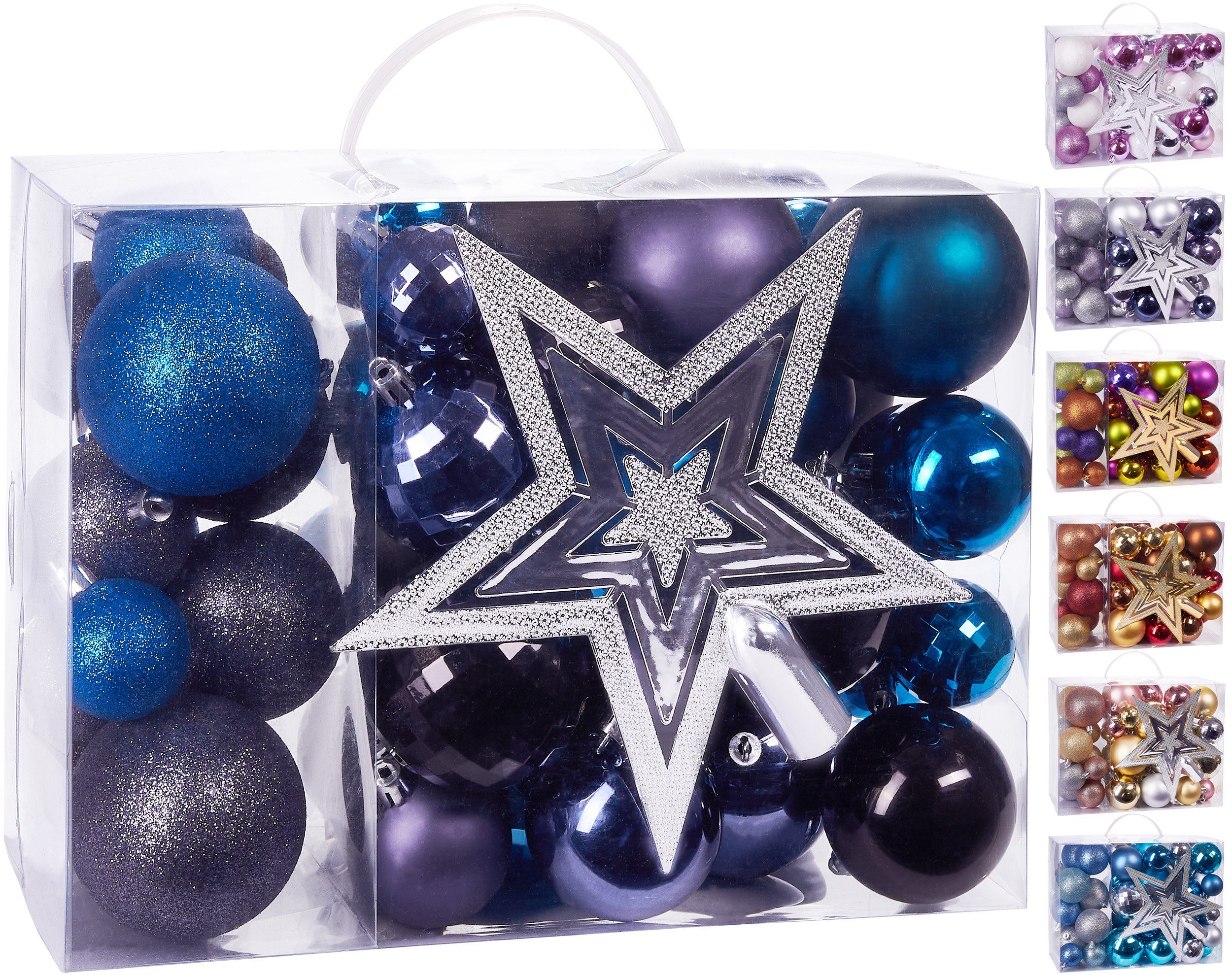 BRUBAKER Weihnachtsbaumkugel 50-teiliges Weihnachtskugel-Set mit Blau Schwarz, Baumspitze, Kunststoff, und robust Lila edel Weihnachtsdekoration Christbaumschmuck und aus