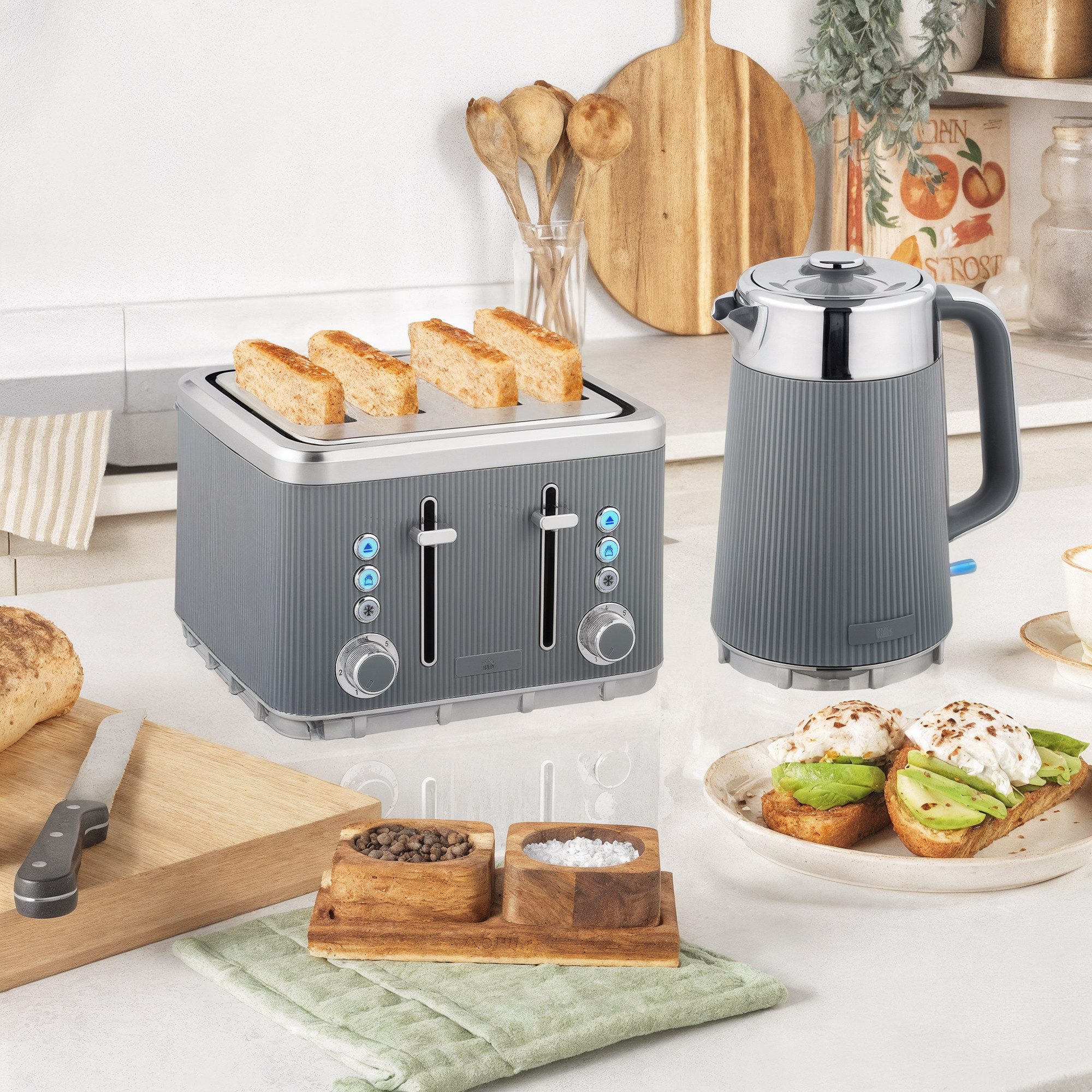 HOMCOM Frühstücks-Set schnell Wasserkocher mit Warmhaltefunktion, Edelstahl-Innenraum (2-tlg), 4 Scheiben Toaster mit 7 Bräunungsstufen, Kalkfilter