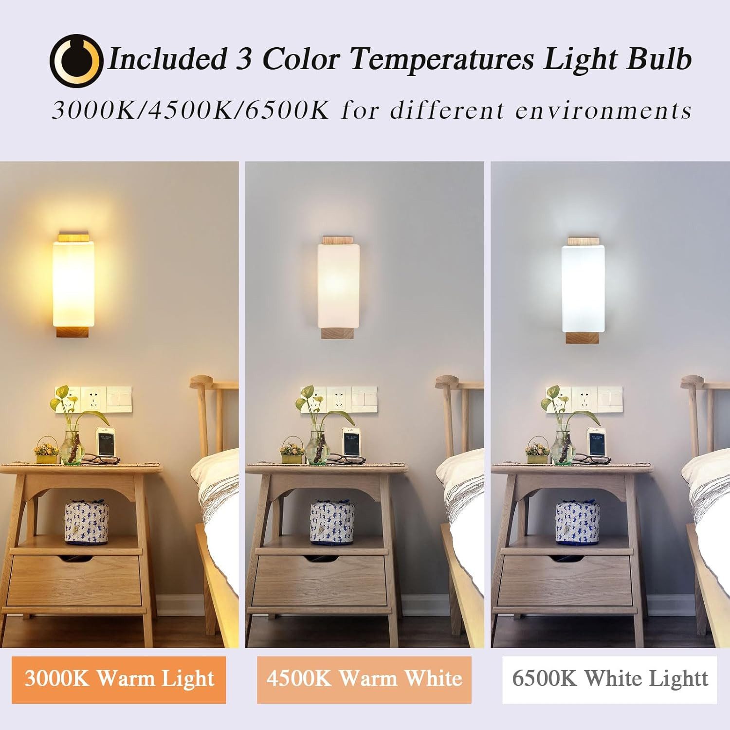 Riserva Wandleuchte Skandinavische Wandlampe Holz Glas, 12W 3-Stufen Licht, E27, LED wechselbar