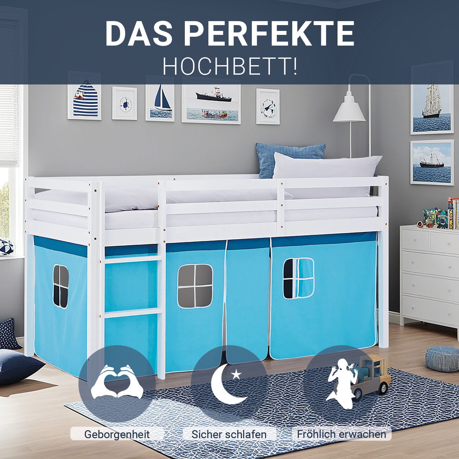 Homestyle4u Hochbett 90x200 Vorhang Kinderbett Holz Weiß Blau Kinder Leiter günstig online kaufen