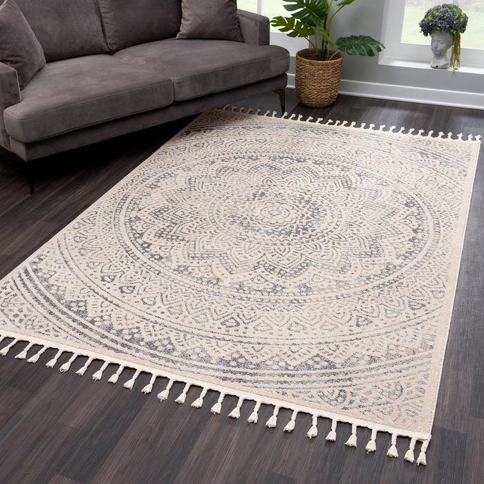 Teppich Fransenteppich - Orientalisch Mandala - Grau Kurzflor payé Rechteckig Höhe: 9 mm