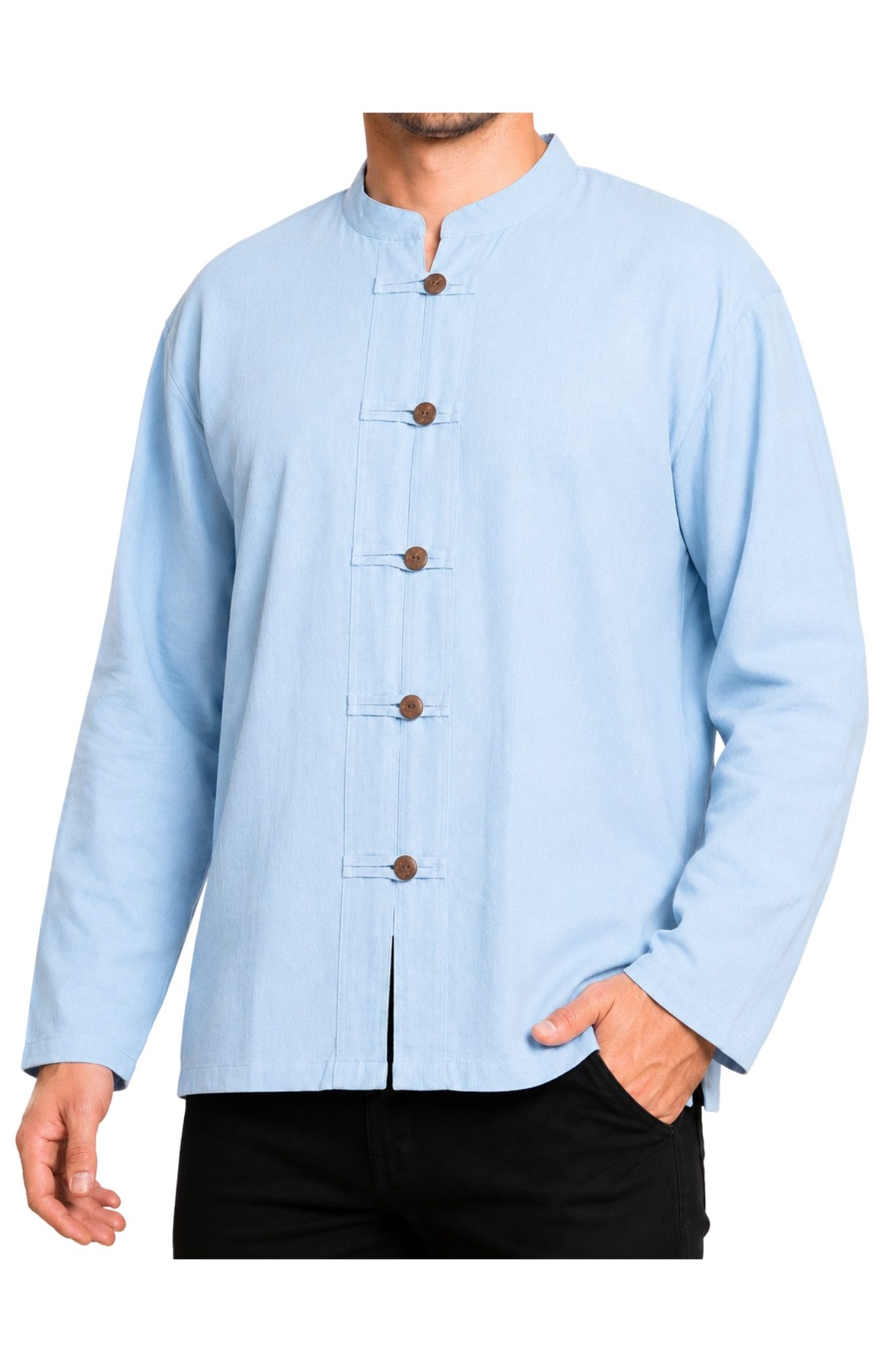 PANASIAM Langarmhemd Fischerhemd Herren - Fisherman Shirt aus 100% Baumwolle ohne Kragen leichtes Sommerhemd mit Holzknöpfen - Langarmhemd auch Mittelalterhemd