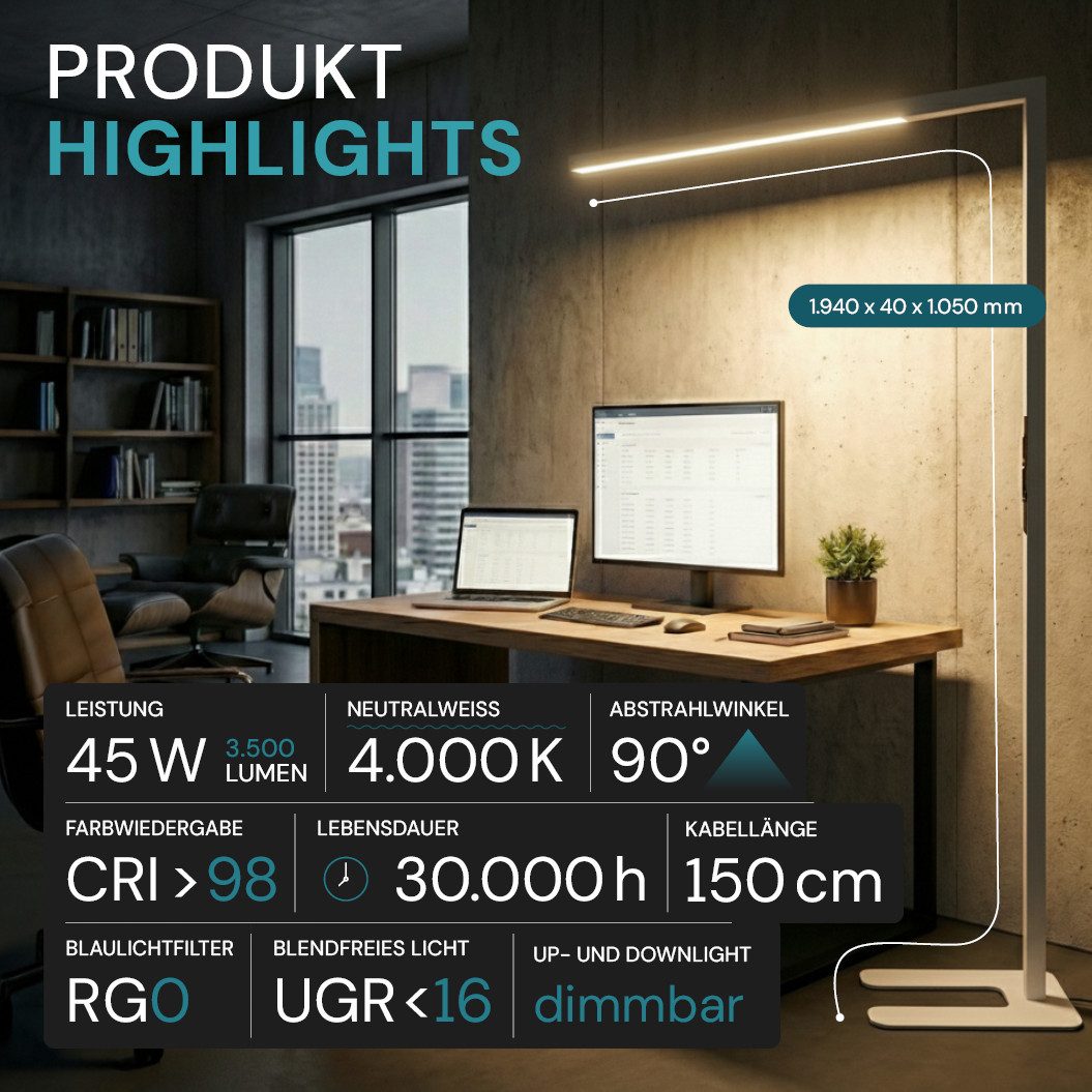 LUXULA LED Stehlampe schlanke Bürostehleuchte, LED fest integriert, Tageslichtweiß, einarmig, CRI98, UGR<16, augenschonendes Licht, Touch-Bedienung