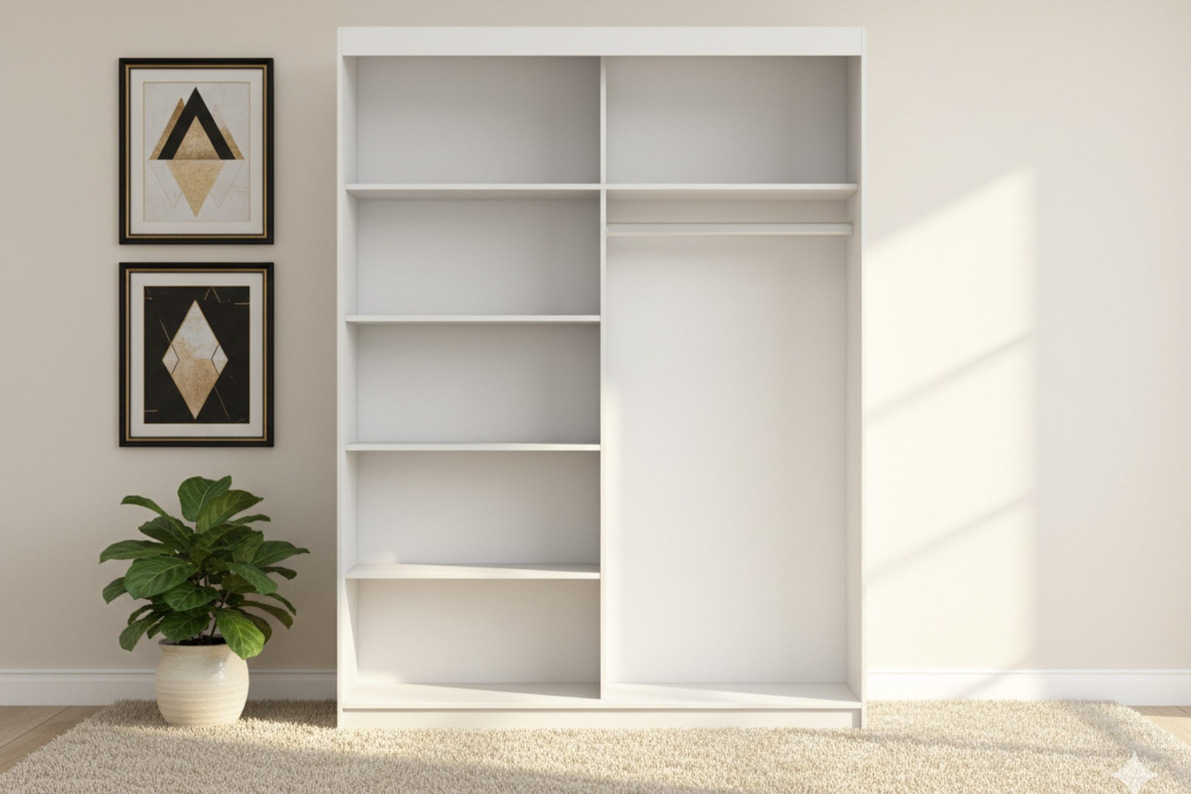 Deine Möbel 24 Schwebetürenschrank VELMA 05 Kleiderschrank 150 cm breit mit Spiegel (Set, 1-St., Weiß Matt Kaschmir Grau Eiche Sonoma) 2 Schiebetüren, 5 Einlegeböden und Kleiderstange