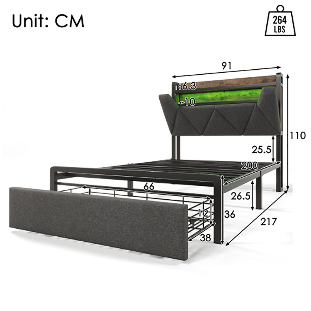 Polsterbett (90 x 200cm Stauraumbett mit Lattenrost, Schublade und LED-Beleuchtung), Ladefunktion Stauraum-Kopfteil, Einzelbett aus Stahlrahmen, Leinen