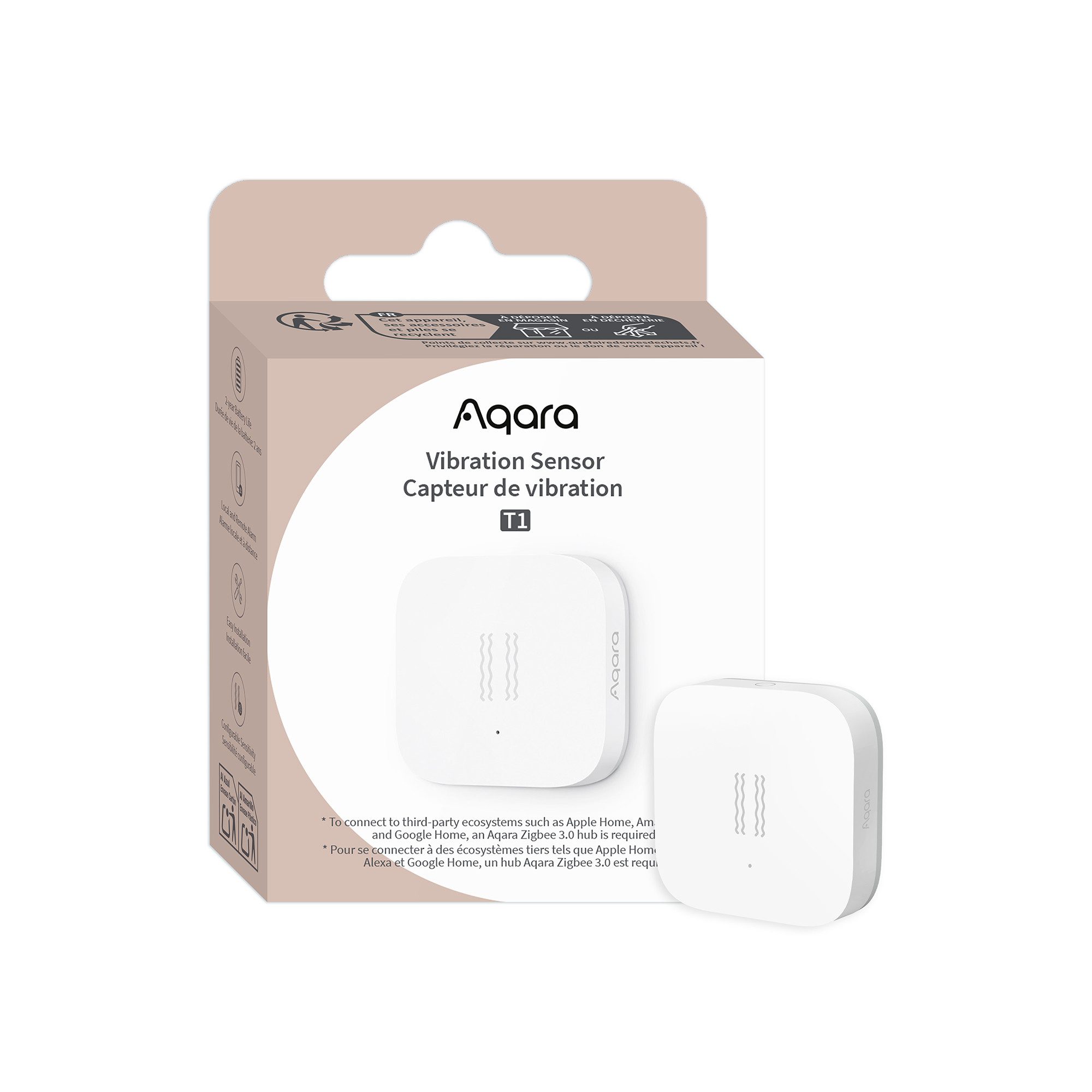 Aqara Sensor Vibrationssensor T1, (1-St., Erkennung von Erschütterungen, Kippen oder Stürzen), App-Benachrichtigung, Erfordert Aqara Hub, Matter-über-Bridge
