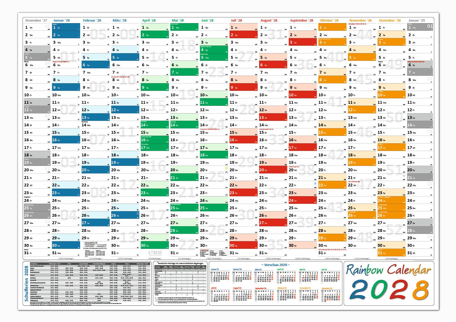LYSCO Wandkalender Rainbow Wandplaner 2028 gefaltet, DIN A1 Format (594 x 841 mm) - DIN A2 Format (420 x 594 mm) Darstellung 14 Monate mit Jahresvorschau Folgejahr, und Ferientermine / Feiertage aller Bundesländer
