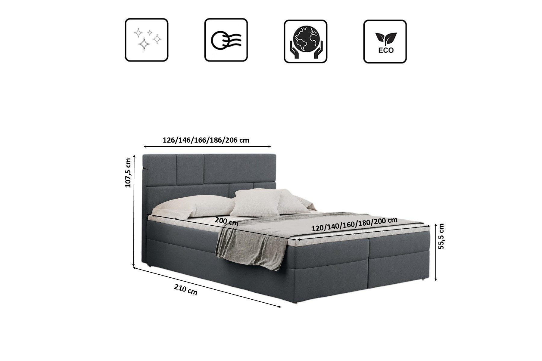 Kaiser Möbel Boxspringbett mit bettkasten matratze BALI stoff Mat Velvet, Bonell-Matratze, Große Auswahl an Größen, Overlay-Deckel
