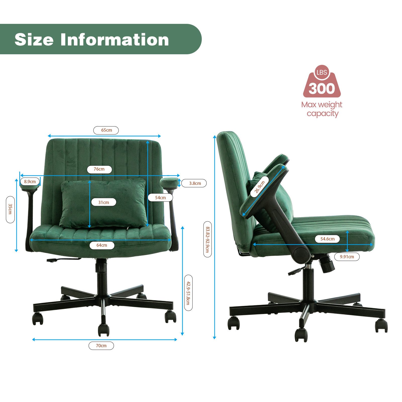 OKWISH Bürostuhl Samt-Bürostuhl höhenverstellbar mit klappbaren Armlehnen (Leise Rollen für Homeoffice & Kleinräume, 1 St), 70x92x70 cm Eleganter Drehstuhl aus Stoff für Arbeitszimmer