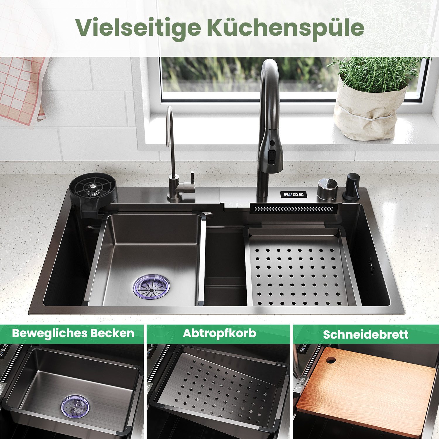 SONNI Küchenspüle Spülbecken/Waschbecken küche 80cm/75cmBreite 304 Edelstahl, Mit HD-LED, 75/45 cm, 304 Küchenspüle aus Edelstahl Edelstahlspüle, Einbauspüle