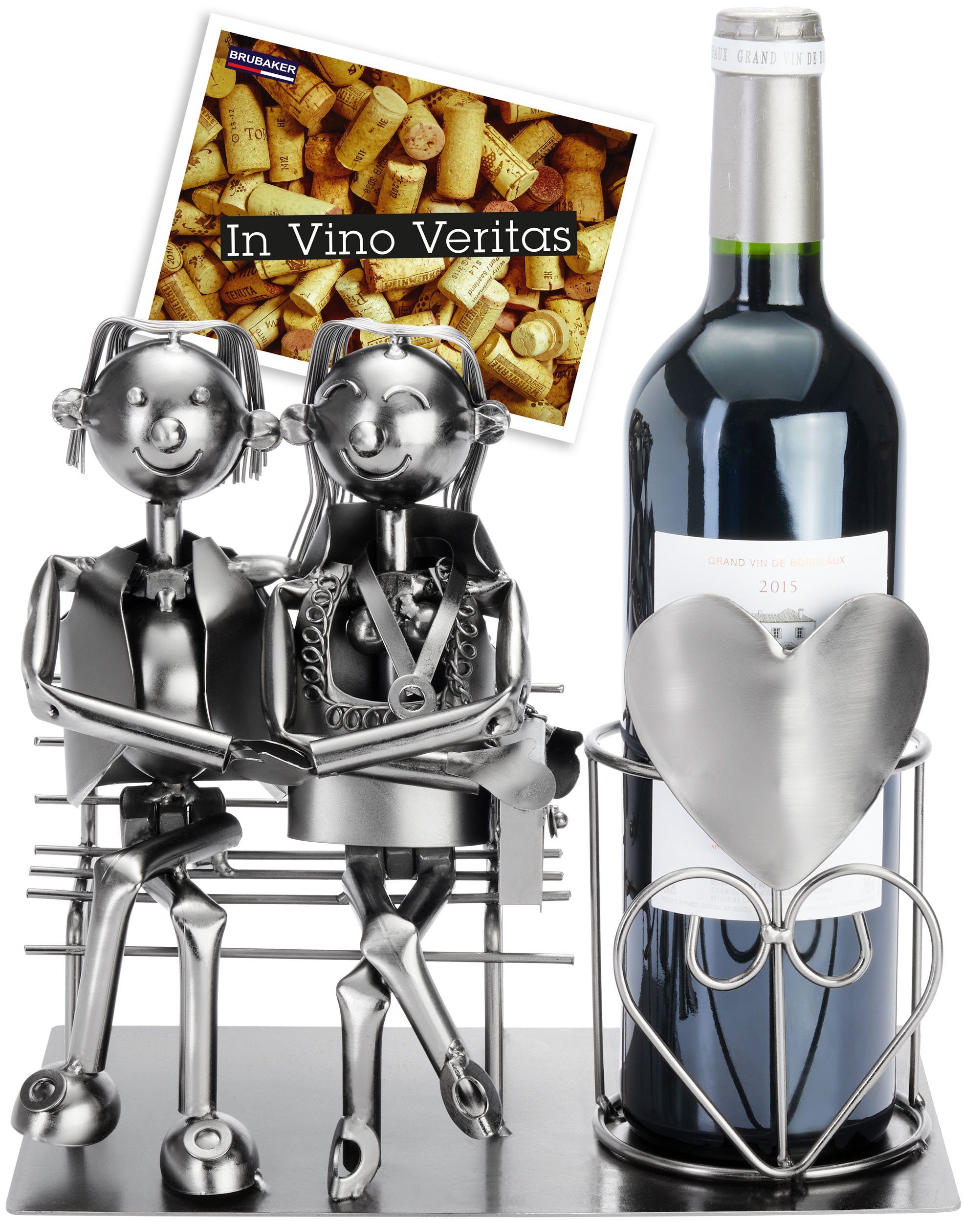 (Valentinstagsgeschenk, Bank auf romantisches 1-St., Metall Flaschenhalter, Geschenkkarte Liebespaar mit Geschenk), BRUBAKER Skulptur Weinhalter Wein Weinflaschenhalter