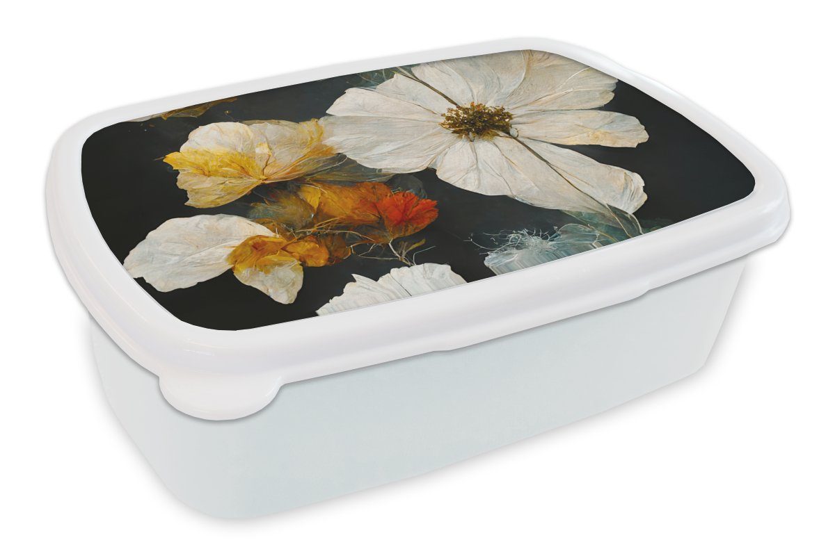 MuchoWow Lunchbox Blumen - Pflanzen - Schwarz - Weiß, Kunststoff, (2-tlg), Brotbox für Kinder und Erwachsene, Brotdose, für Jungs und Mädchen
