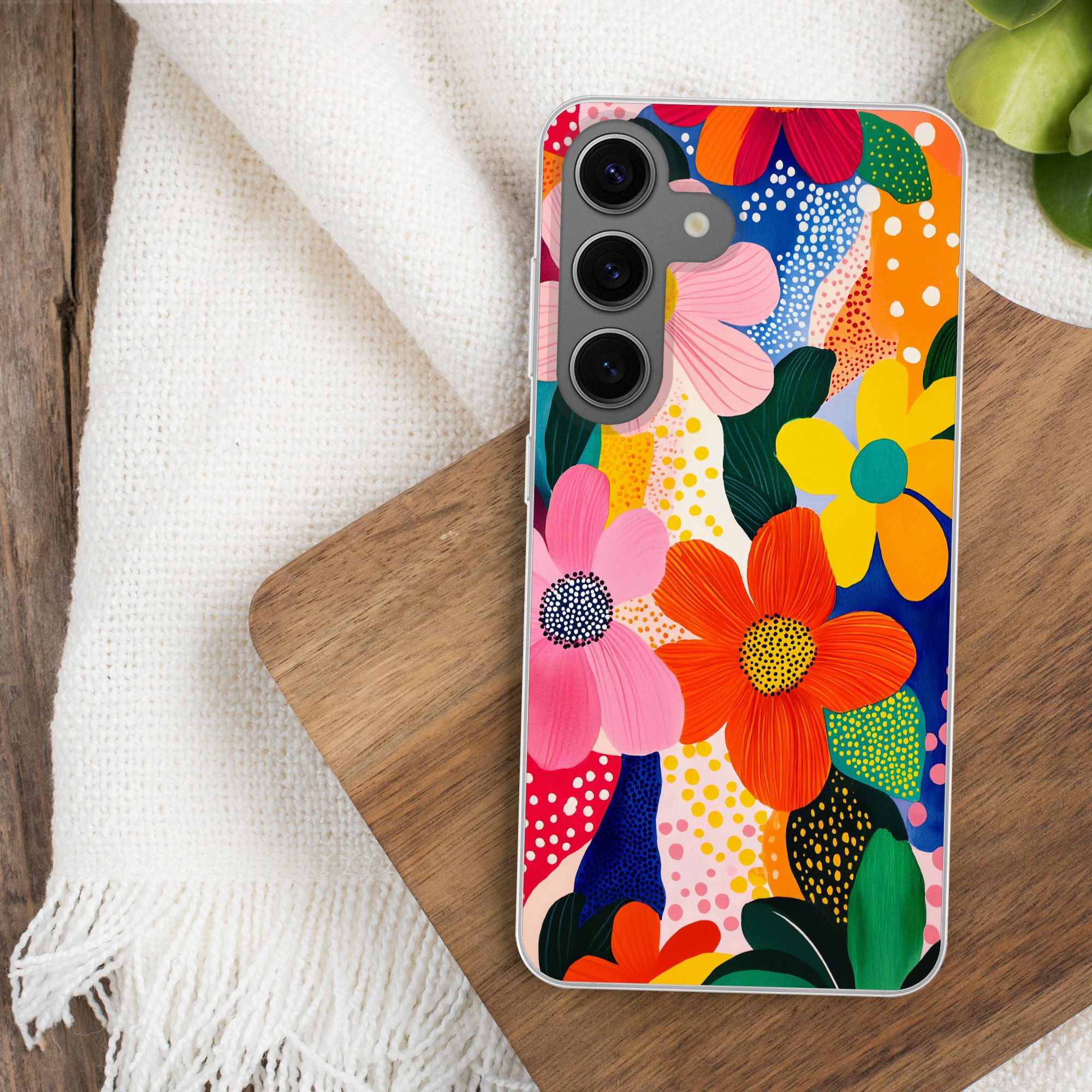 MuchoWow Handyhülle für Samsung Galaxy S24 Blumen - Bunt - Tupfen, Phone Case, Silikon, Schutzhülle Dünn