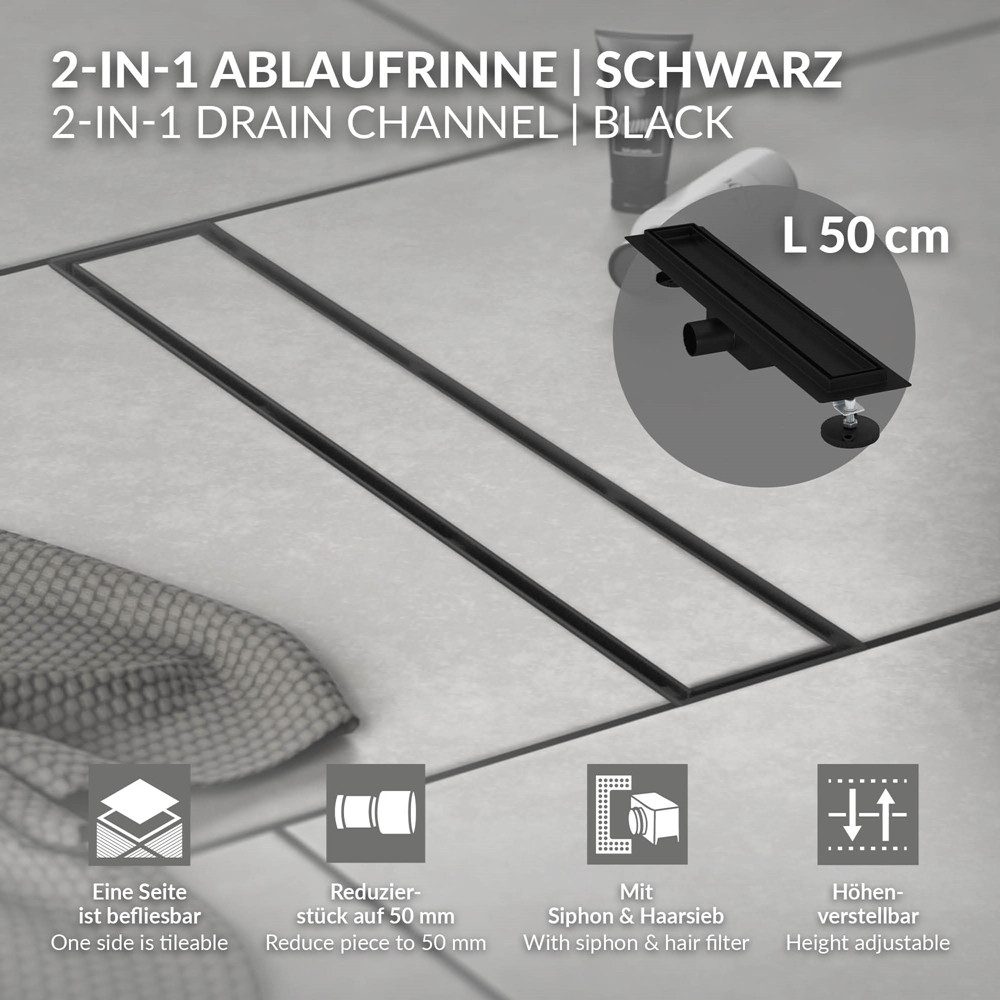 LuxeBath Duschrinne Edelstahl Doppelseitige Bodenablauf 2in1, Komplettset Bodenbefestigung, Duschablauf, Siphon mit Geruchsstop, Haarsieb, Ablaufrinne Dusche