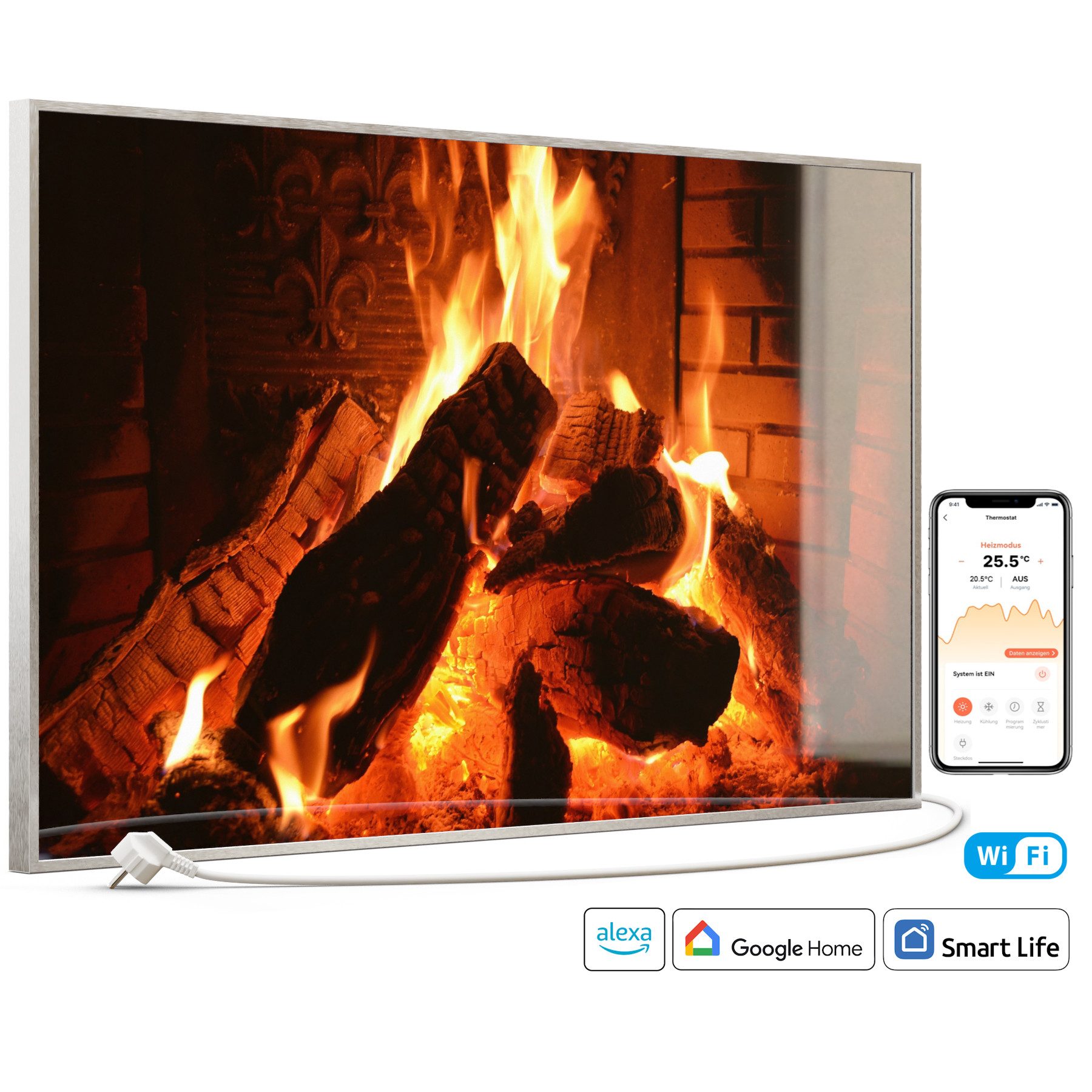 STEINFELD Heizsysteme Infrarotheizung Glas-Bild 600W, 100x60cm, Made in Germany, 7 Jahre Garantie, mit Thermostat, Silber