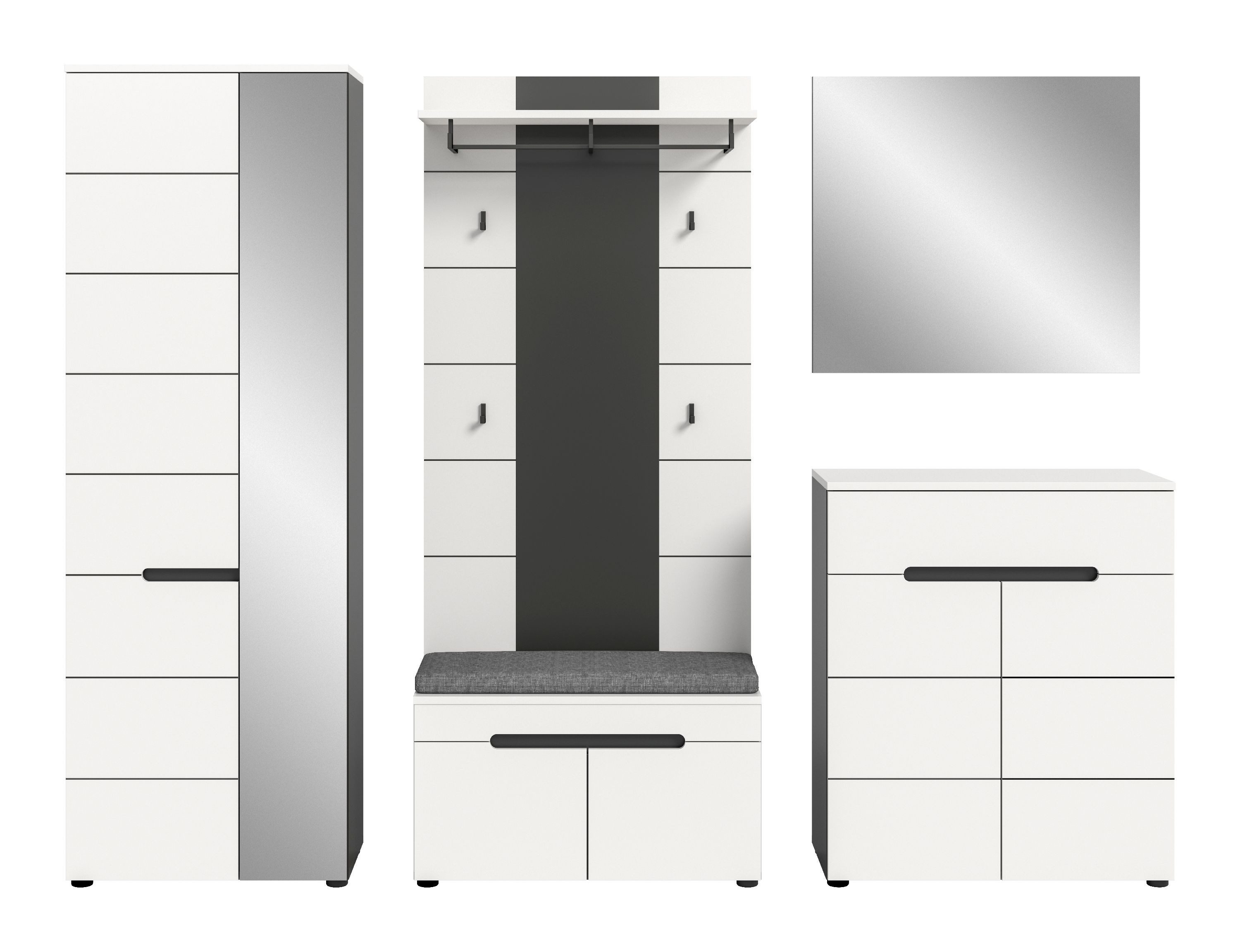 xonox.home Garderoben-Set, (6tlg. Set inkl. Garderobenschrank, Sitzbank, Paneel, Schuhkommode), Basalt grau Nachbildung Melamin beschichtet modern 255x190x37 cm