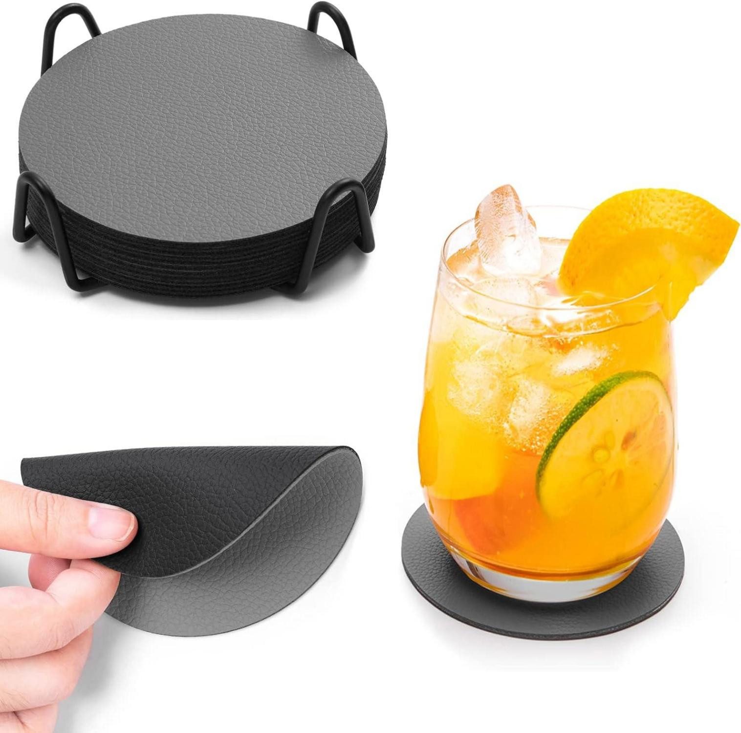 Küchenorganizer-Set Untersetzer Gläser 12er Set rutschfest Leder Kunstrund