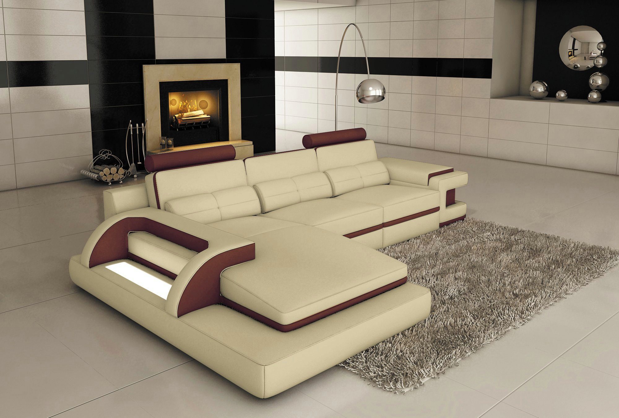 Sofa Luxus in Ecksofa Beleuchtung JVmoebel Modern LED L-Form Neu, Made Europe schwarz-rotes